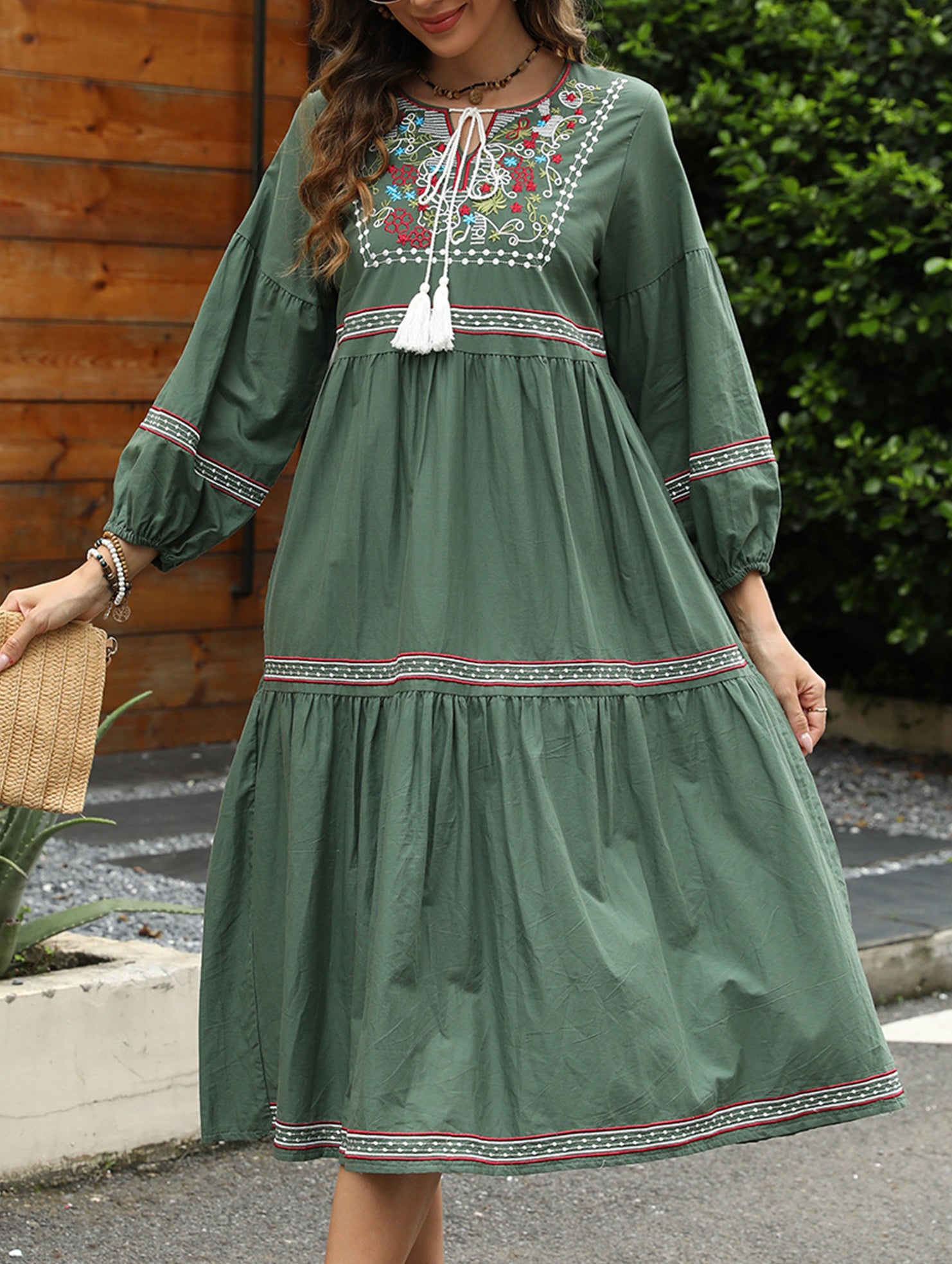 Retro ethnic style lantern sleeve loose slimming dress