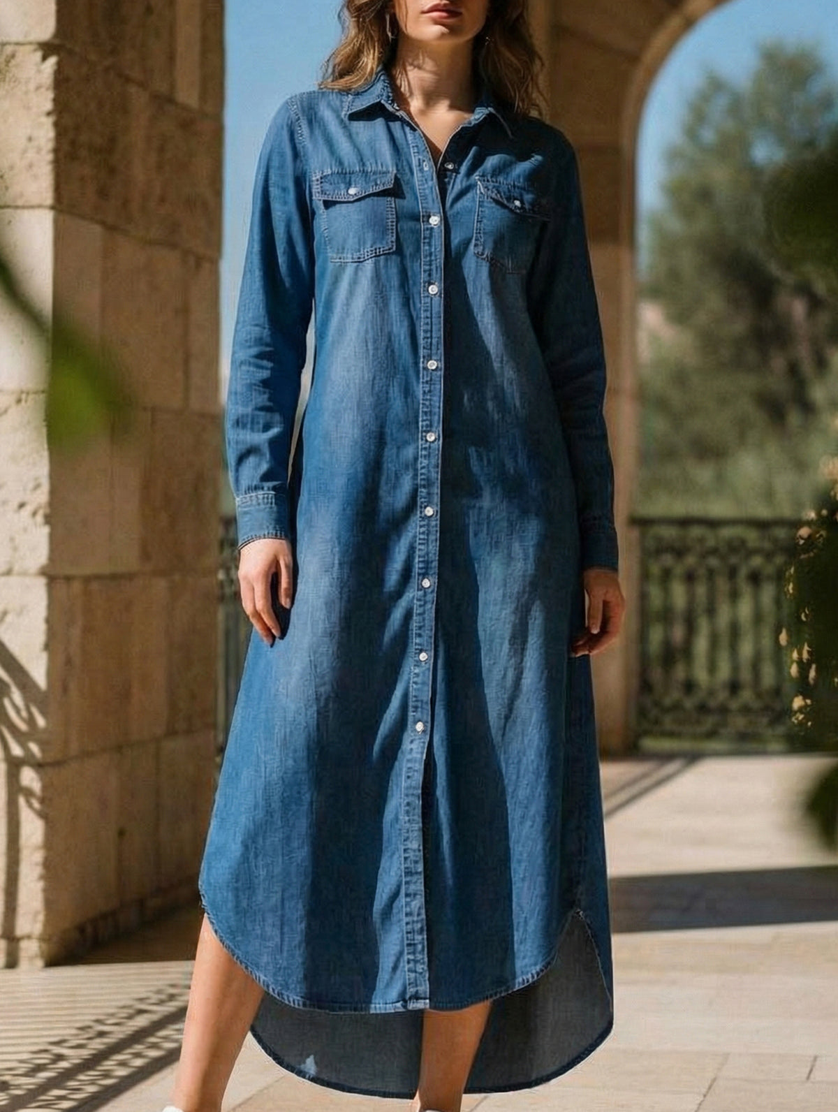 Fashionable long-sleeved shirt dress, long dress
