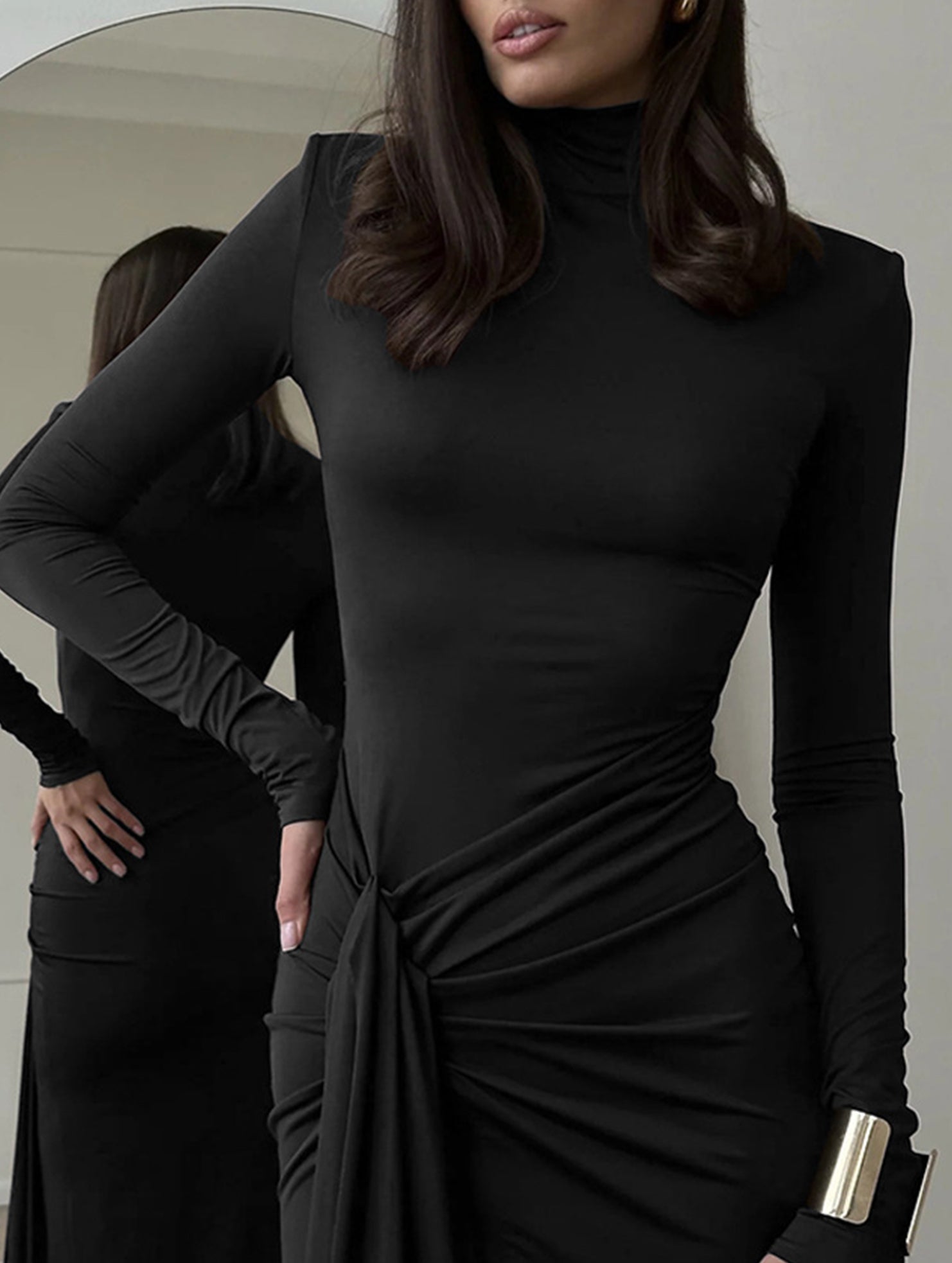 High-neck long-sleeved patchwork fitted dress