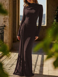 High-neck long-sleeved patchwork fitted dress
