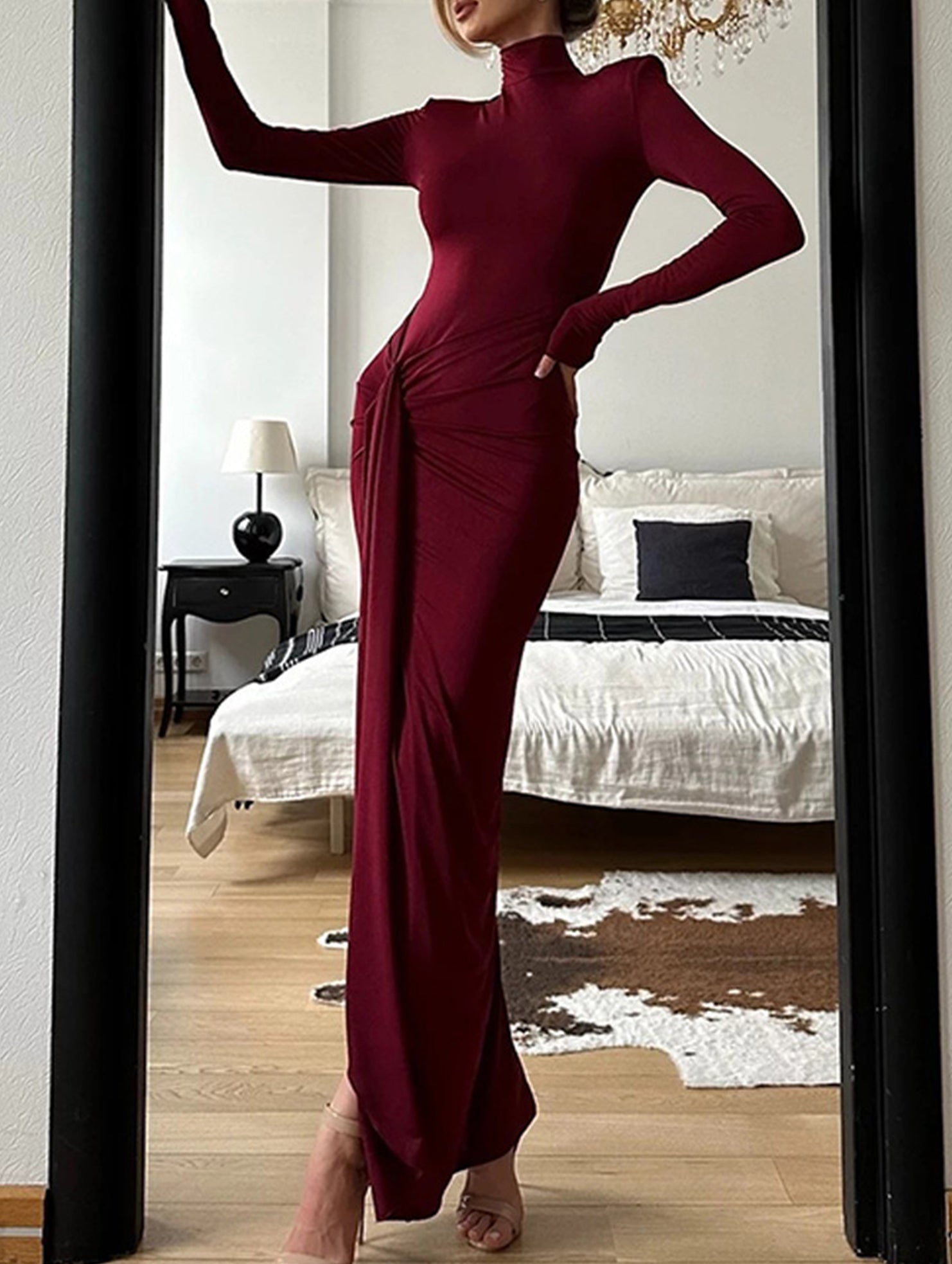 High-neck long-sleeved patchwork fitted dress