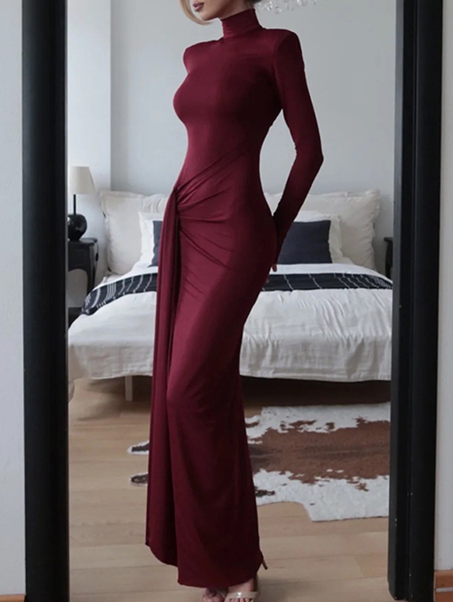 High-neck long-sleeved patchwork fitted dress
