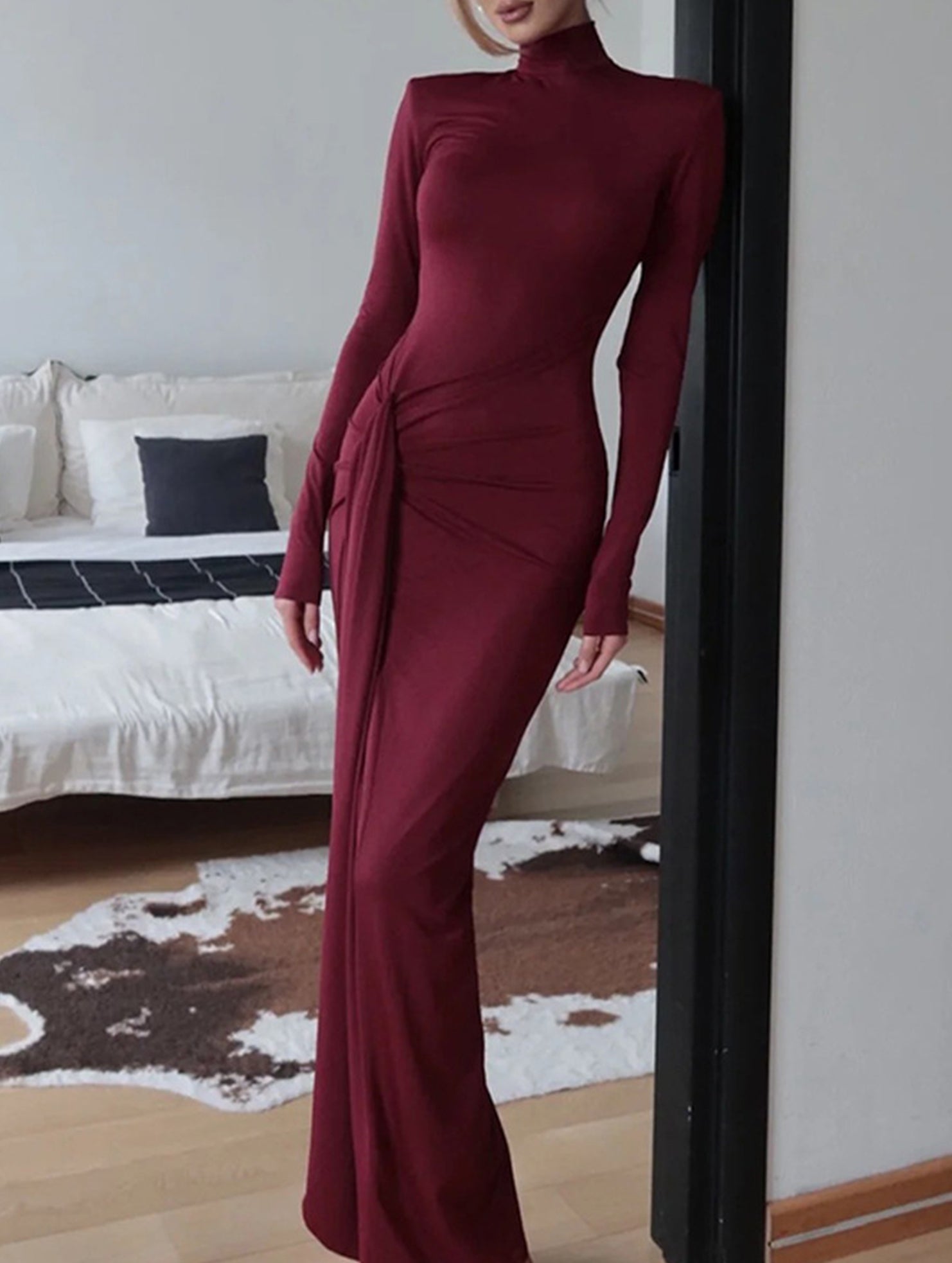 High-neck long-sleeved patchwork fitted dress