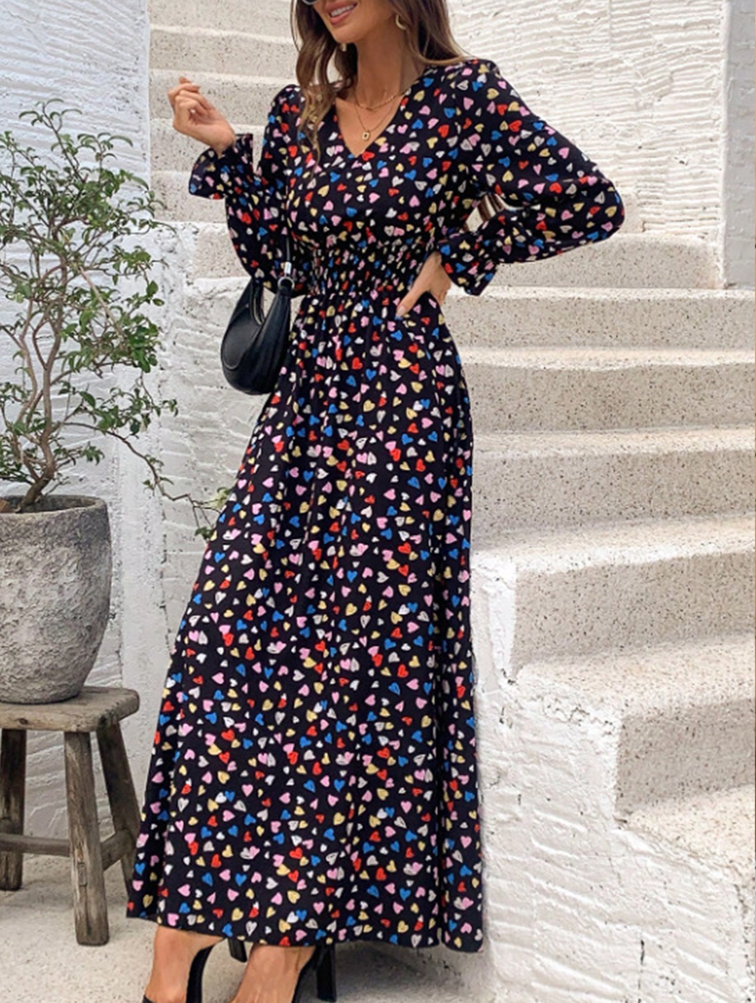 Printed V-neck long-sleeved fashion dress