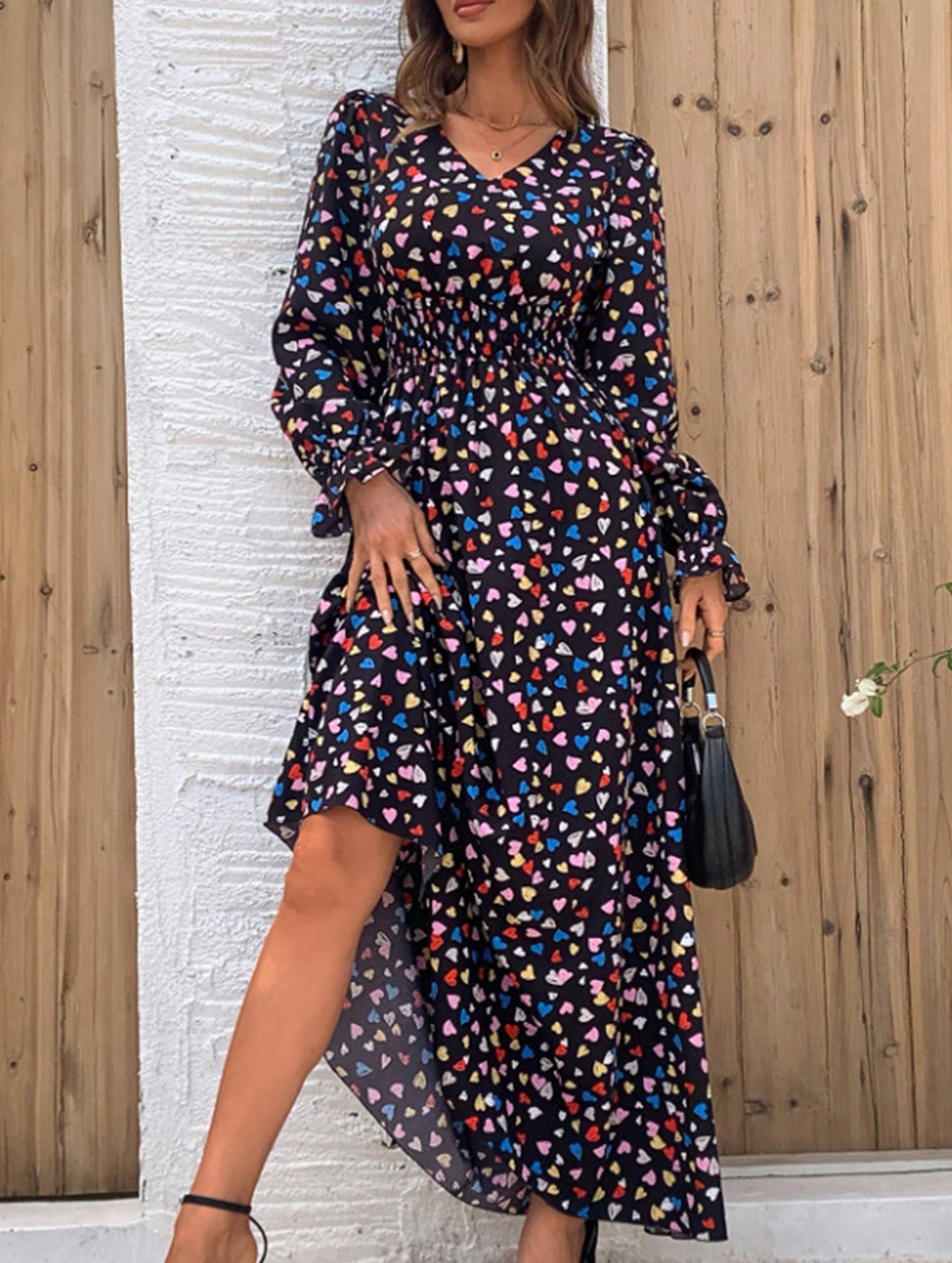 Printed V-neck long-sleeved fashion dress