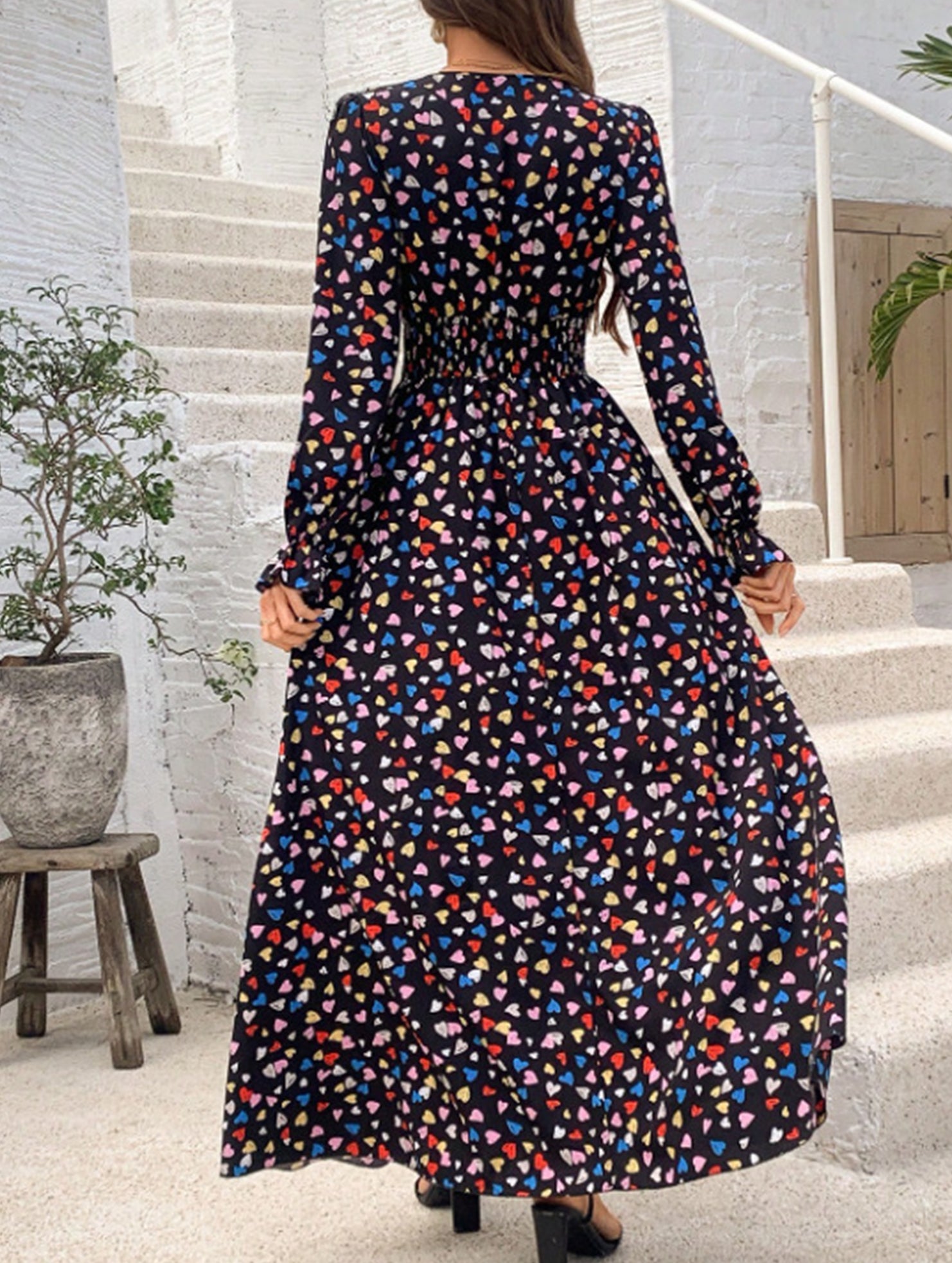 Printed V-neck long-sleeved fashion dress