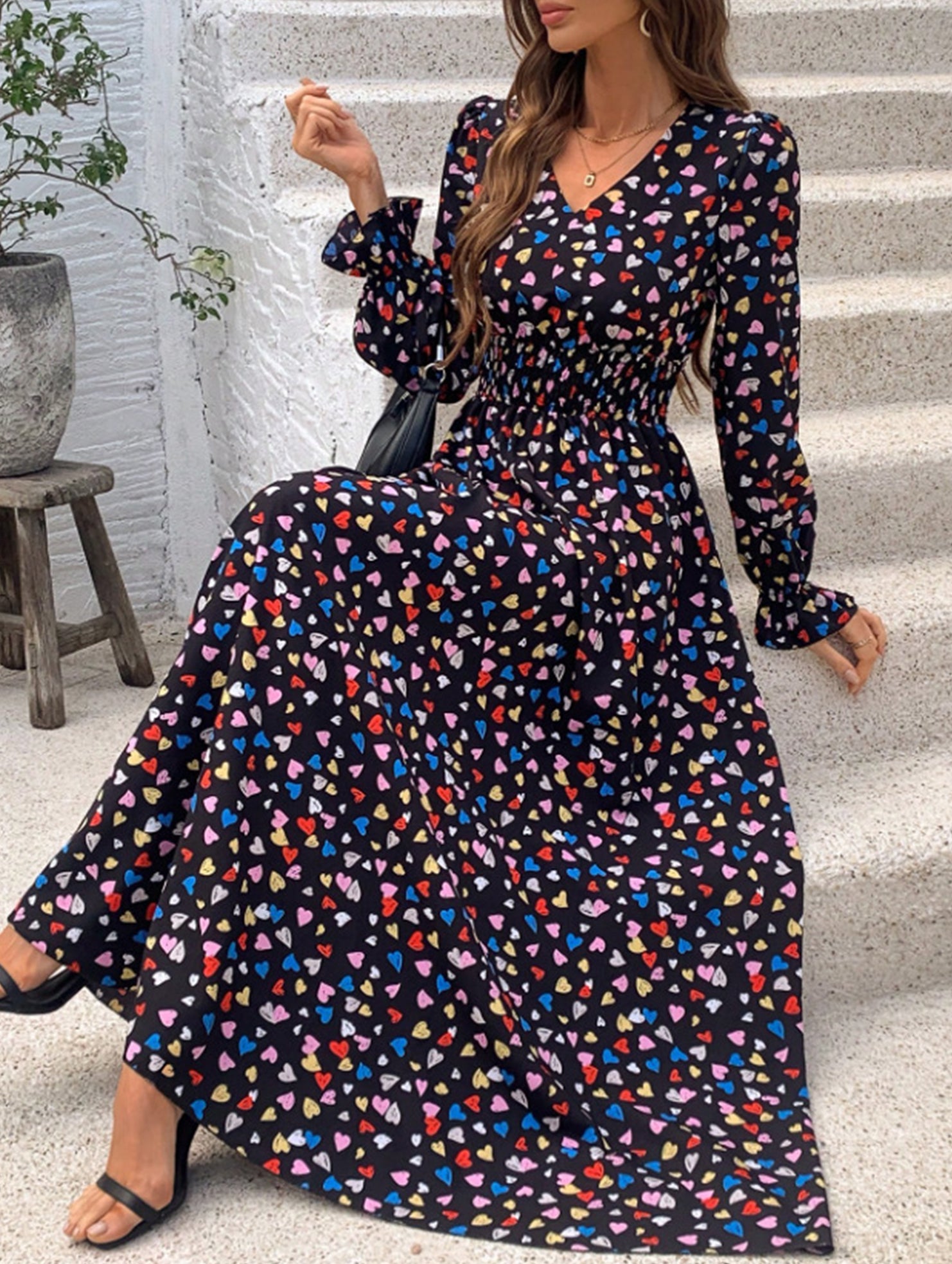 Printed V-neck long-sleeved fashion dress