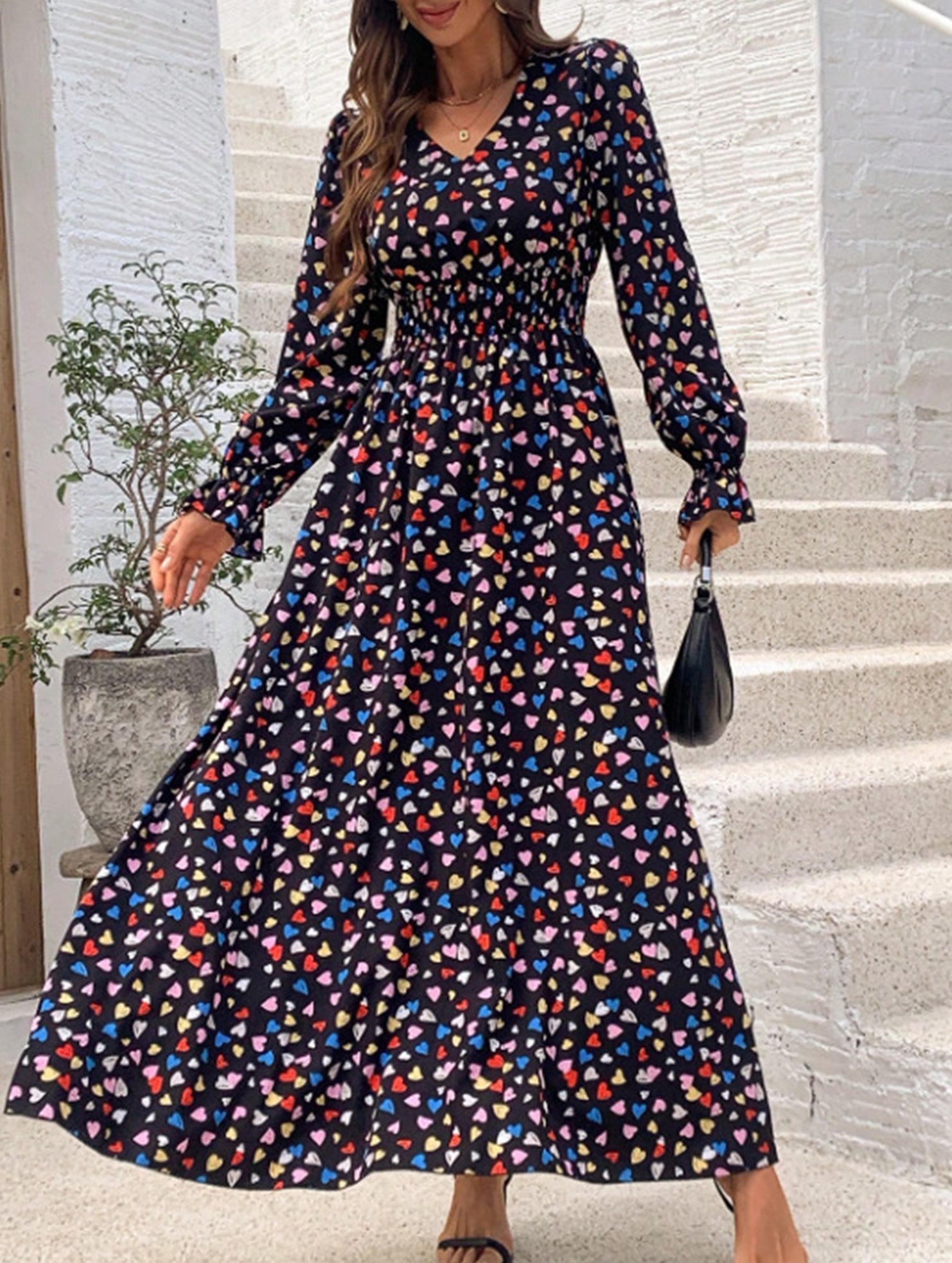 Printed V-neck long-sleeved fashion dress