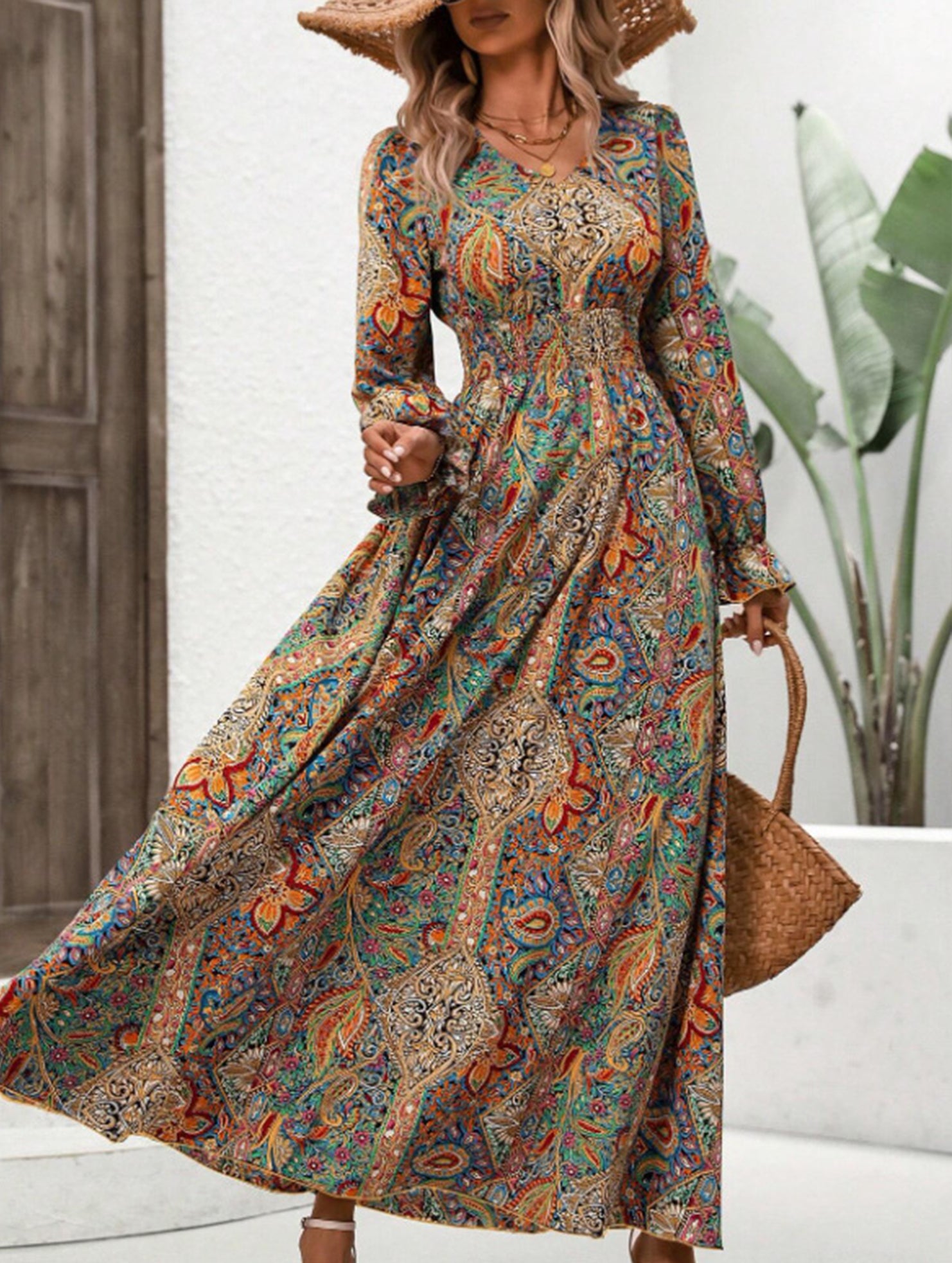 Printed V-neck long-sleeved fashion dress