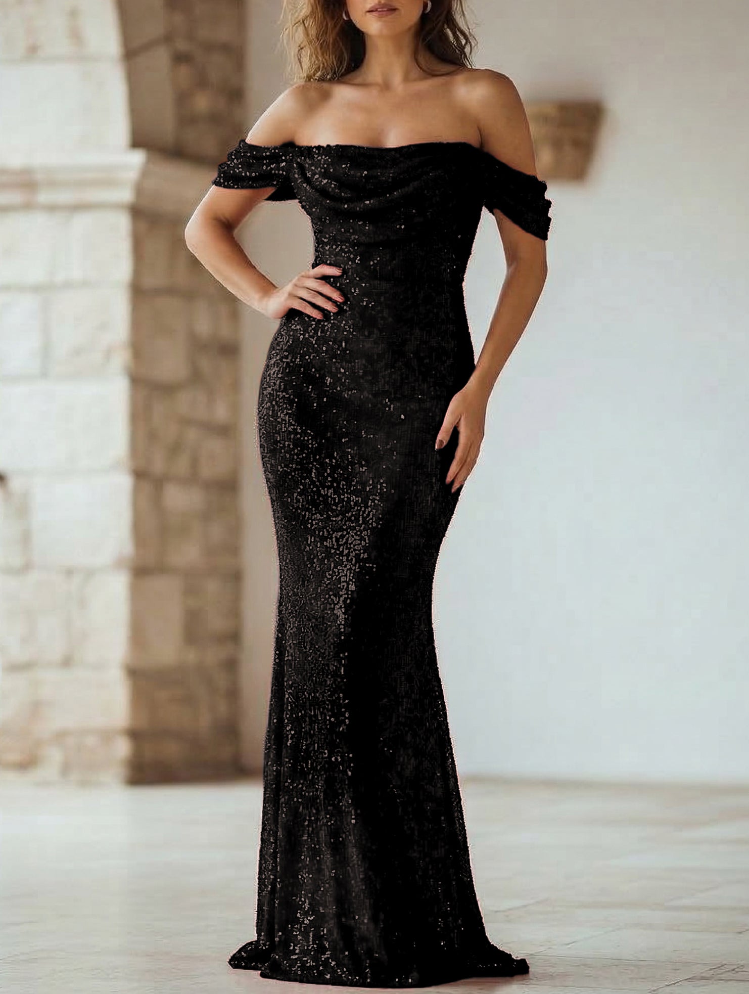 Sequin Off Shoulder Slit Casual Maxi Dress