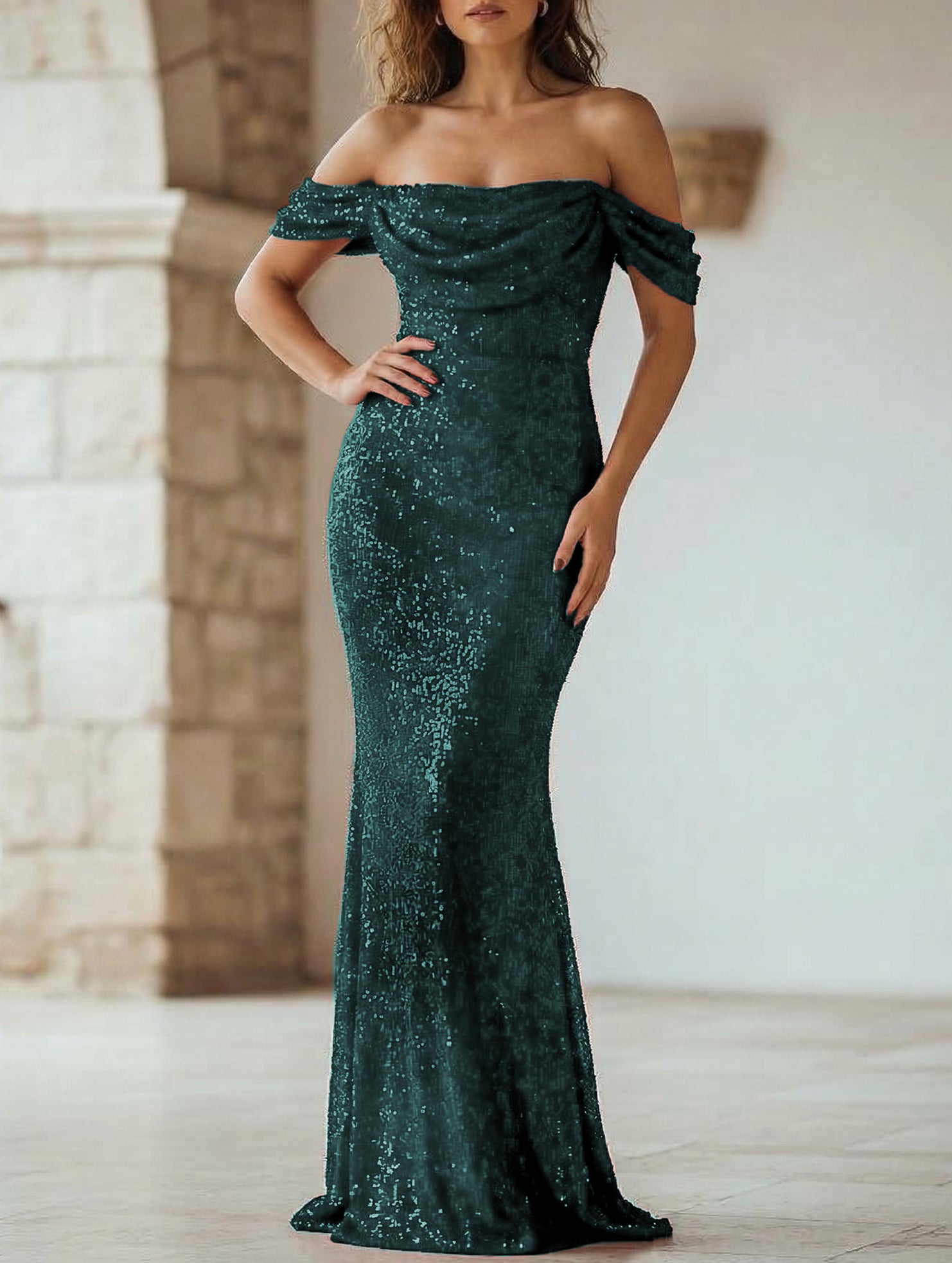 Sequin Off Shoulder Slit Casual Maxi Dress
