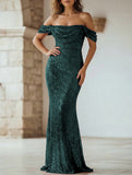 Sequin Off Shoulder Slit Casual Maxi Dress