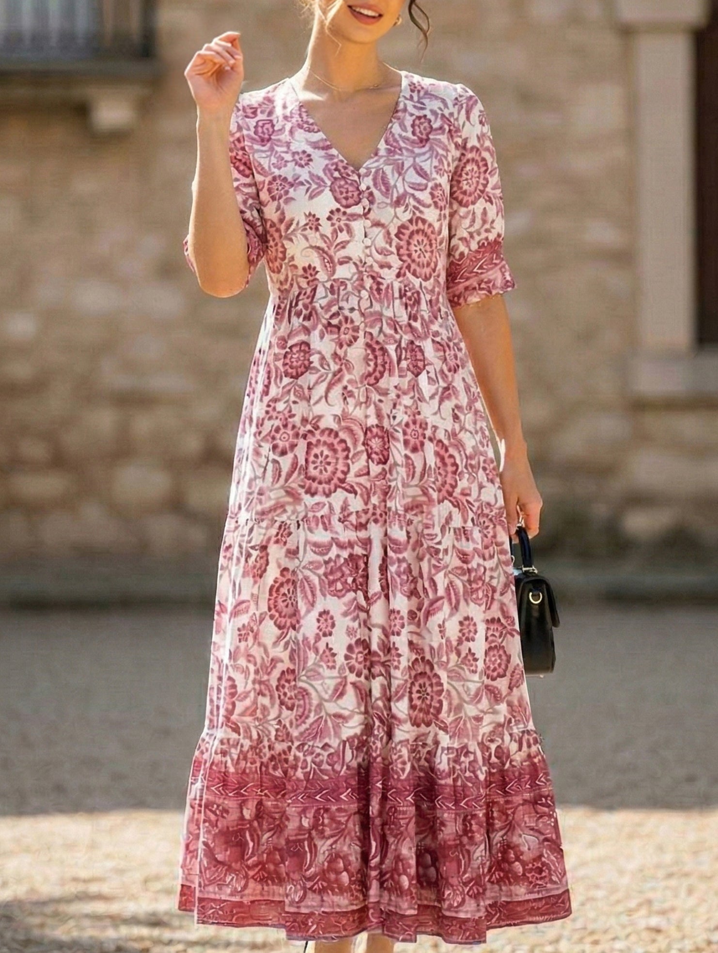 Plus-size super fairy V-neck versatile floral dress
