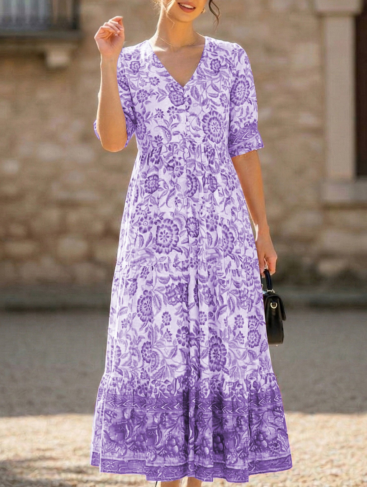 Plus-size super fairy V-neck versatile floral dress