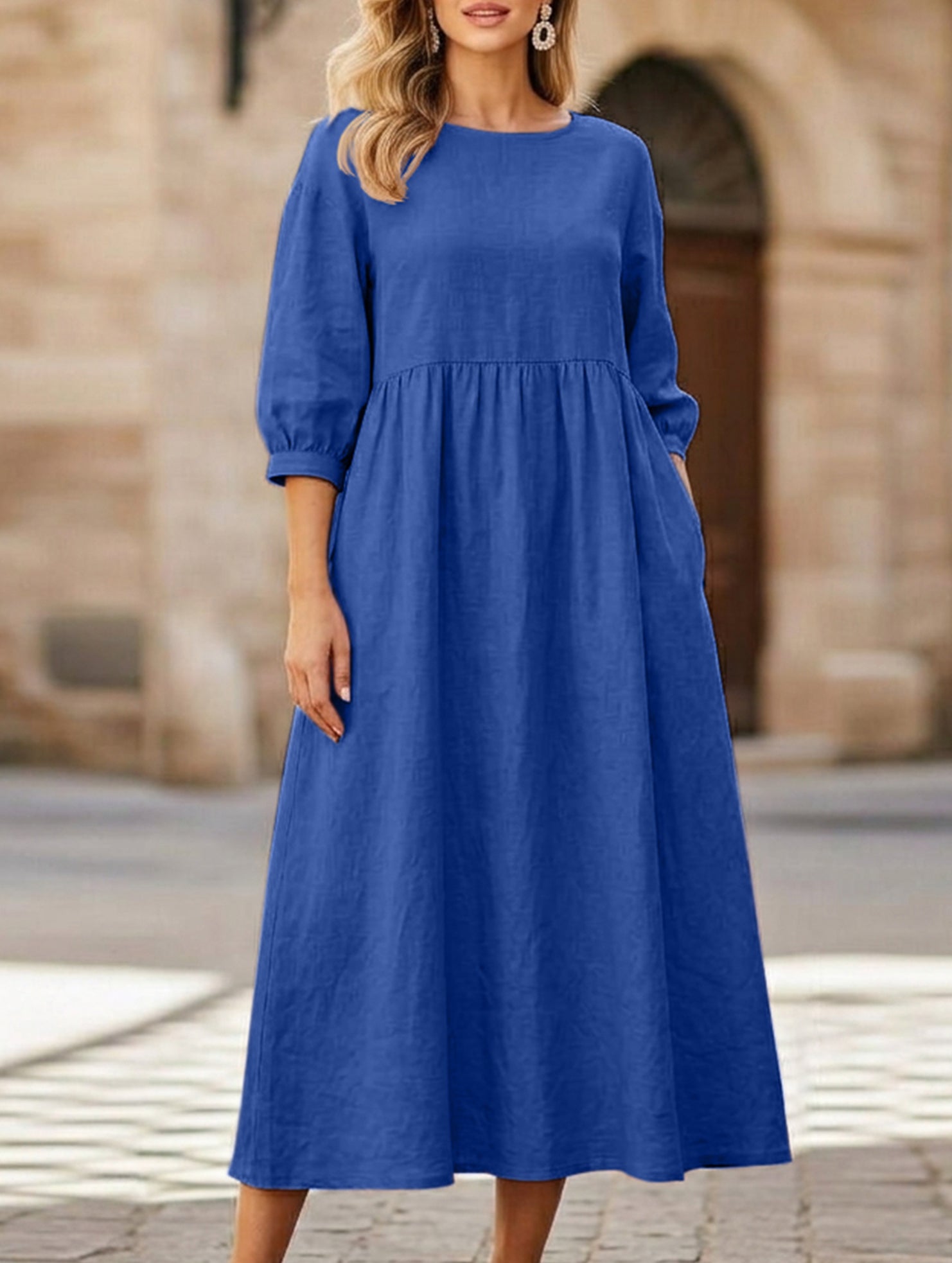 Stylish lantern sleeve loose-fitting dress with pockets