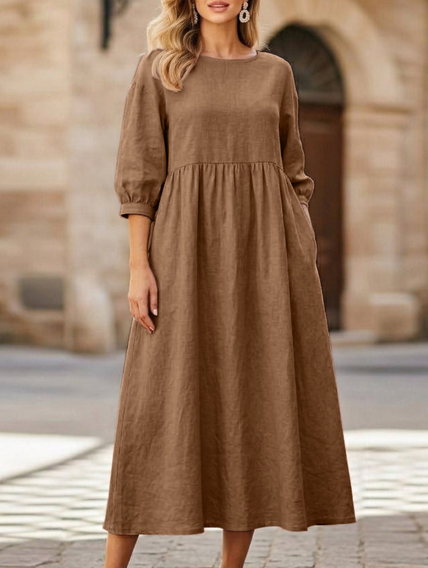 Stylish lantern sleeve loose-fitting dress with pockets