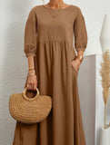 Stylish lantern sleeve loose-fitting dress with pockets