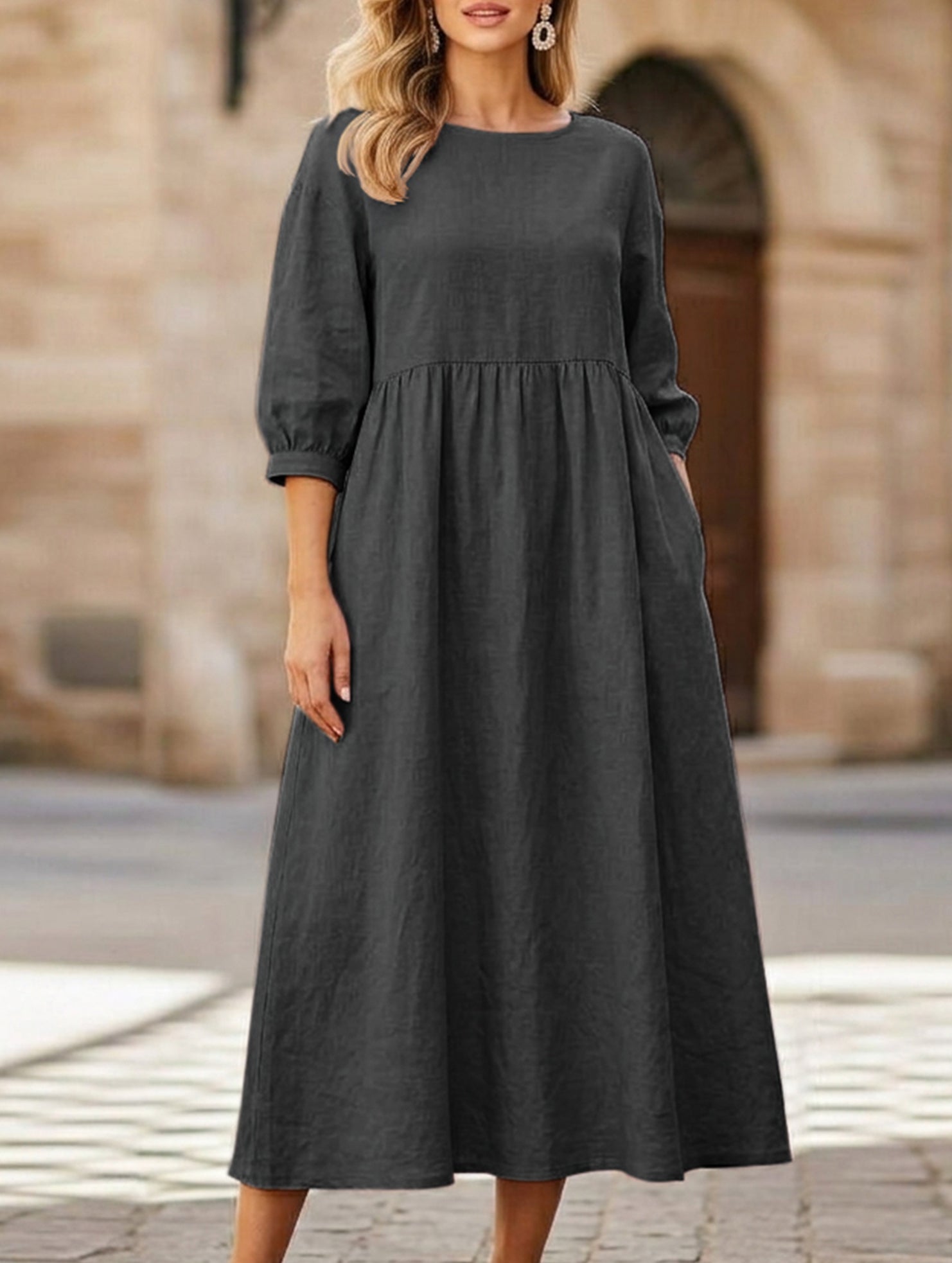 Stylish lantern sleeve loose-fitting dress with pockets