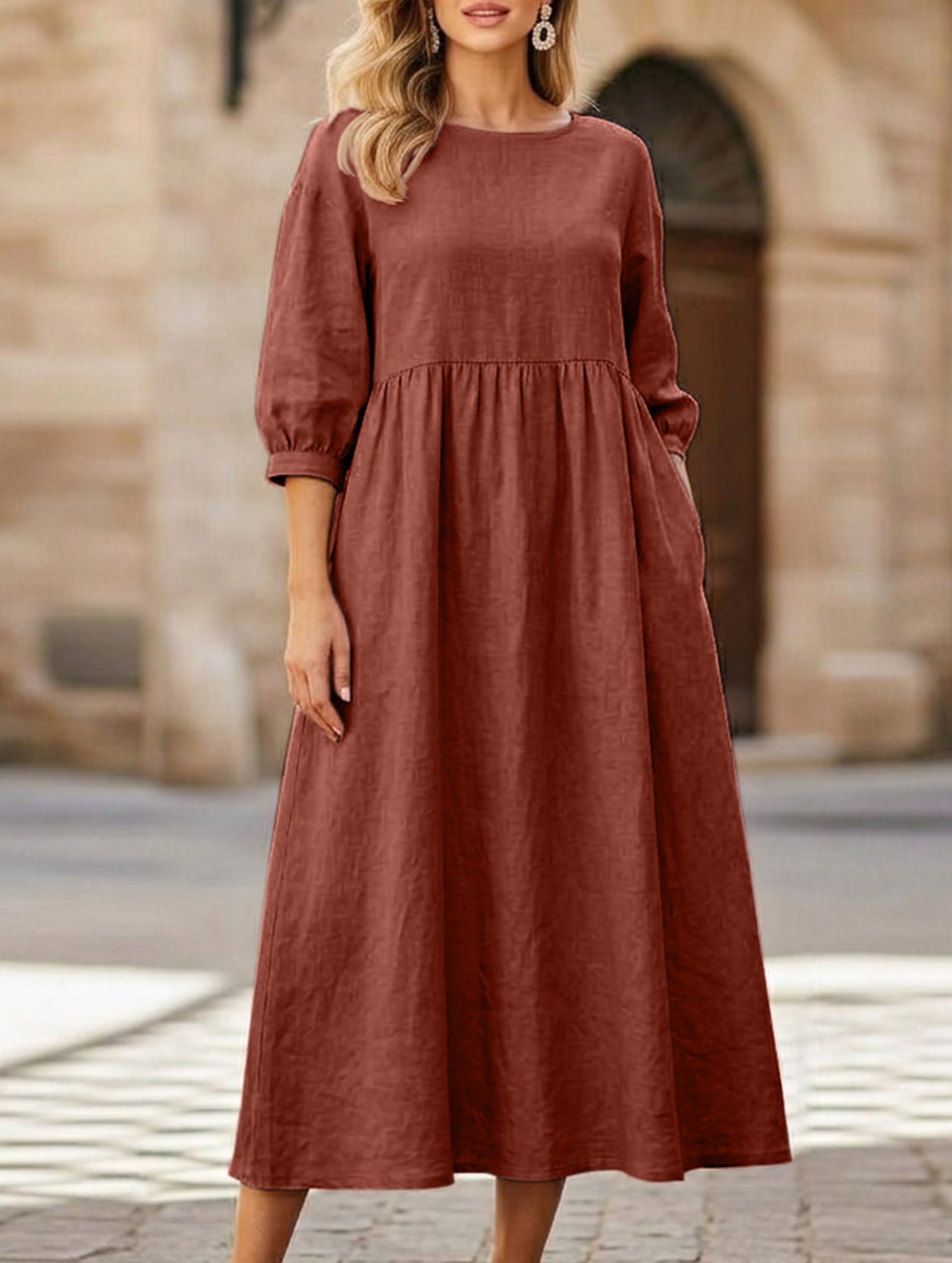 Stylish lantern sleeve loose-fitting dress with pockets