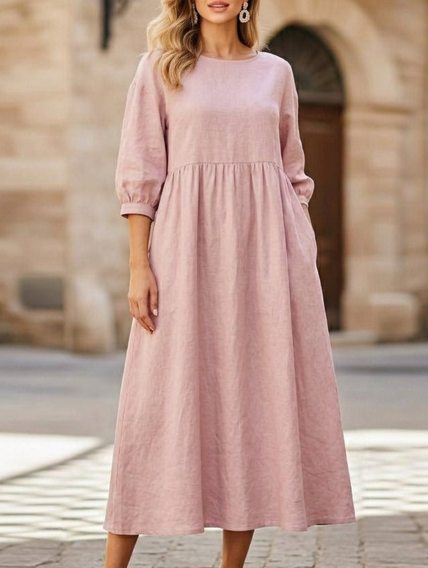 Stylish lantern sleeve loose-fitting dress with pockets