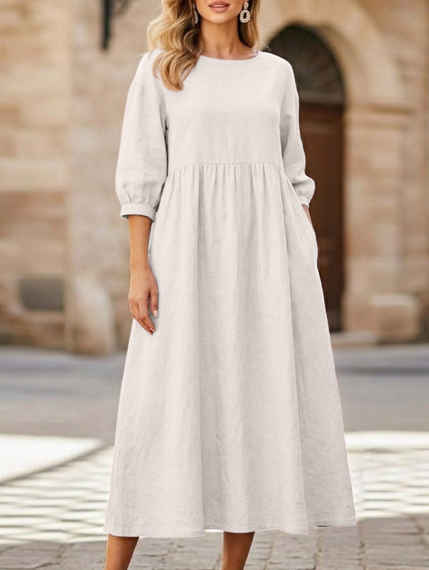 Stylish lantern sleeve loose-fitting dress with pockets