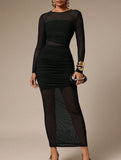 Mesh Patchwork Ruched Bodycon Maxi Dress_CWDMD02024