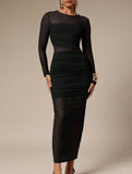 Mesh Patchwork Ruched Bodycon Maxi Dress_CWDMD02024