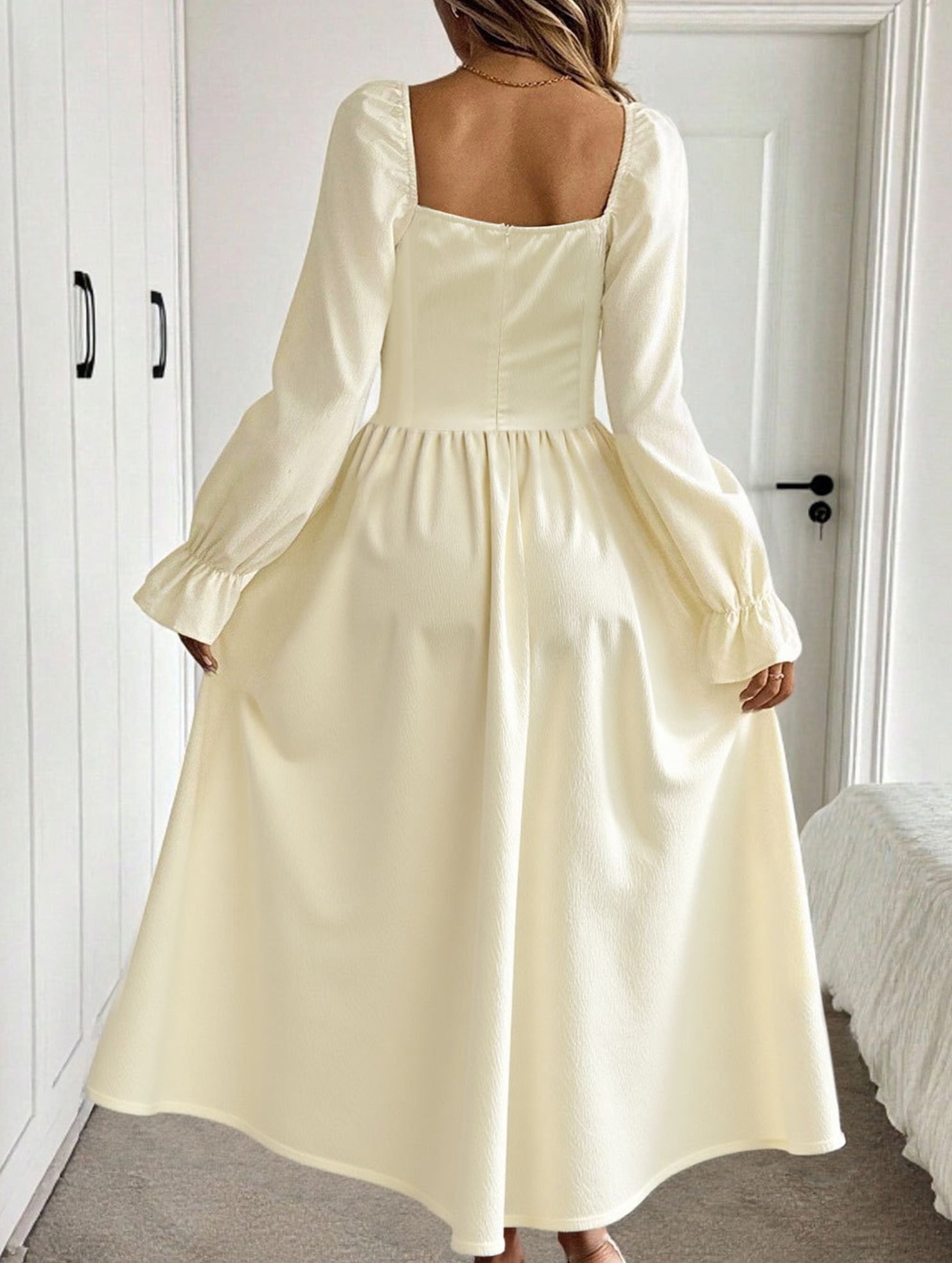 Square Neck Tie Waist Long Sleeve Dress_CWDMD02031