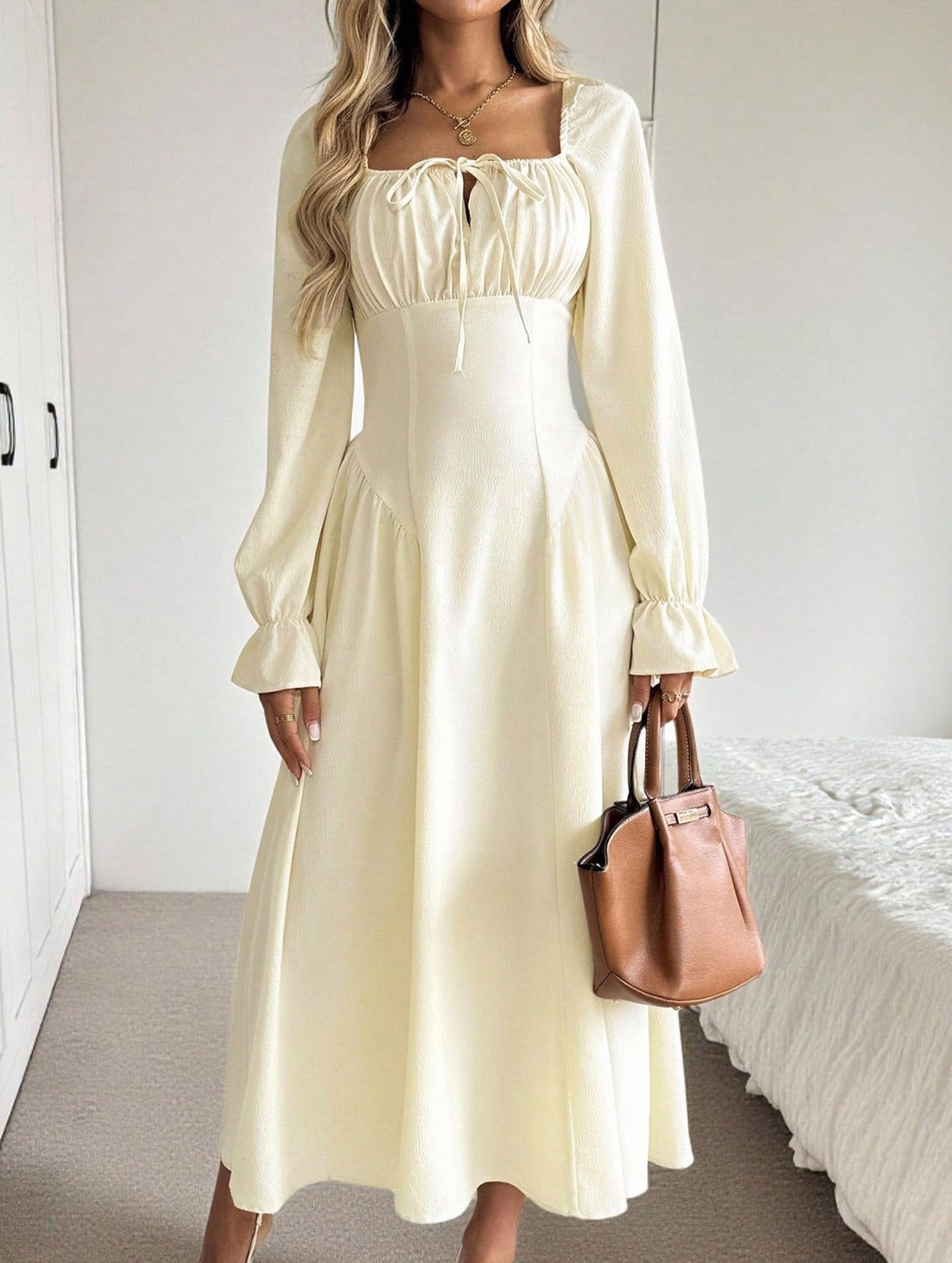 Square Neck Tie Waist Long Sleeve Dress_CWDMD02031