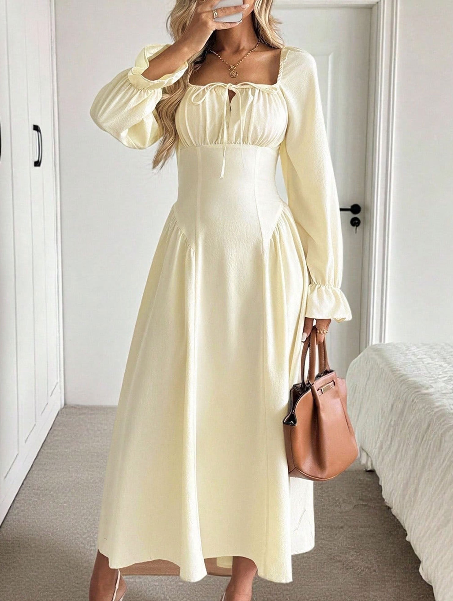 Square Neck Tie Waist Long Sleeve Dress_CWDMD02031
