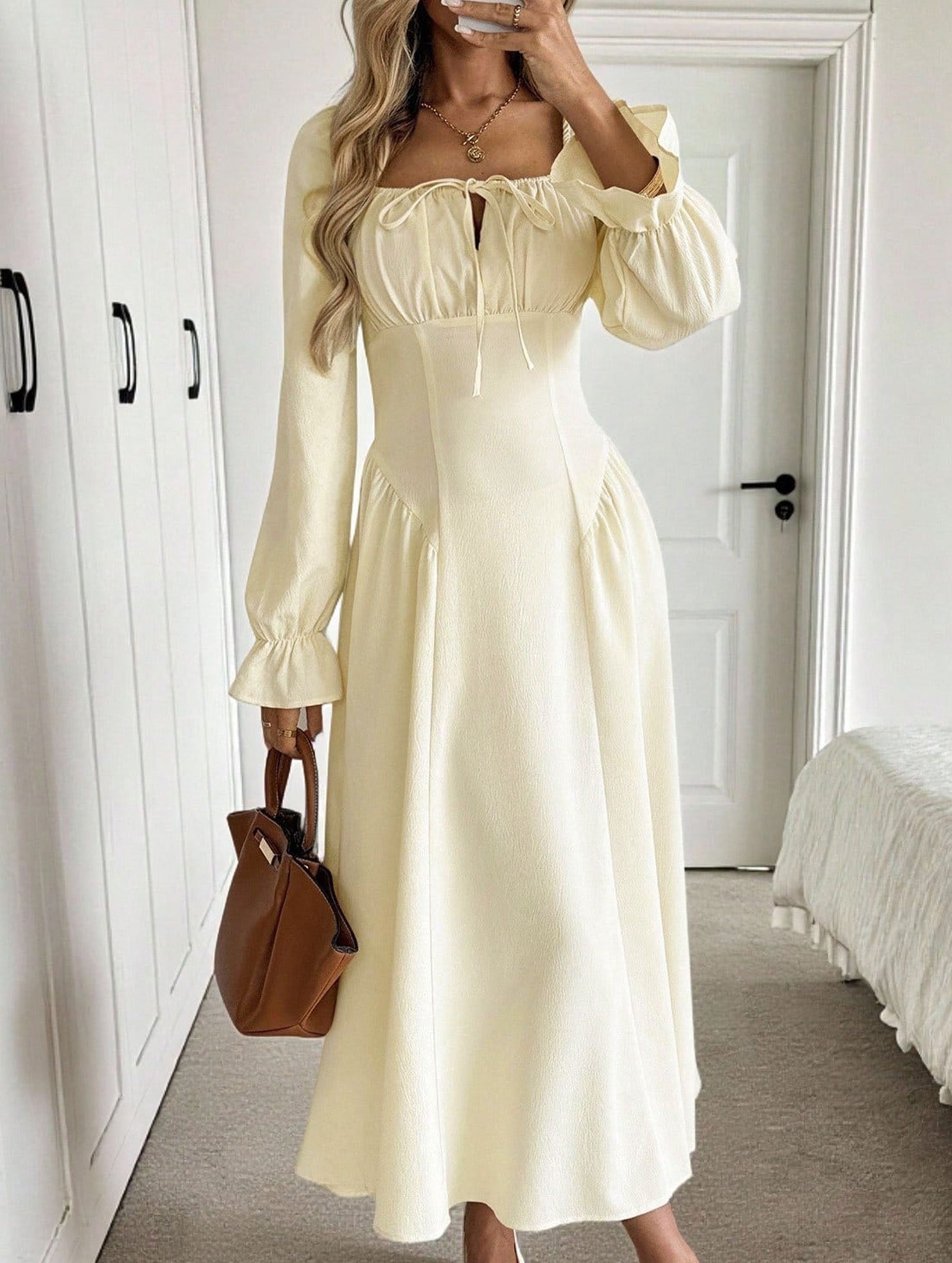 Square Neck Tie Waist Long Sleeve Dress_CWDMD02031