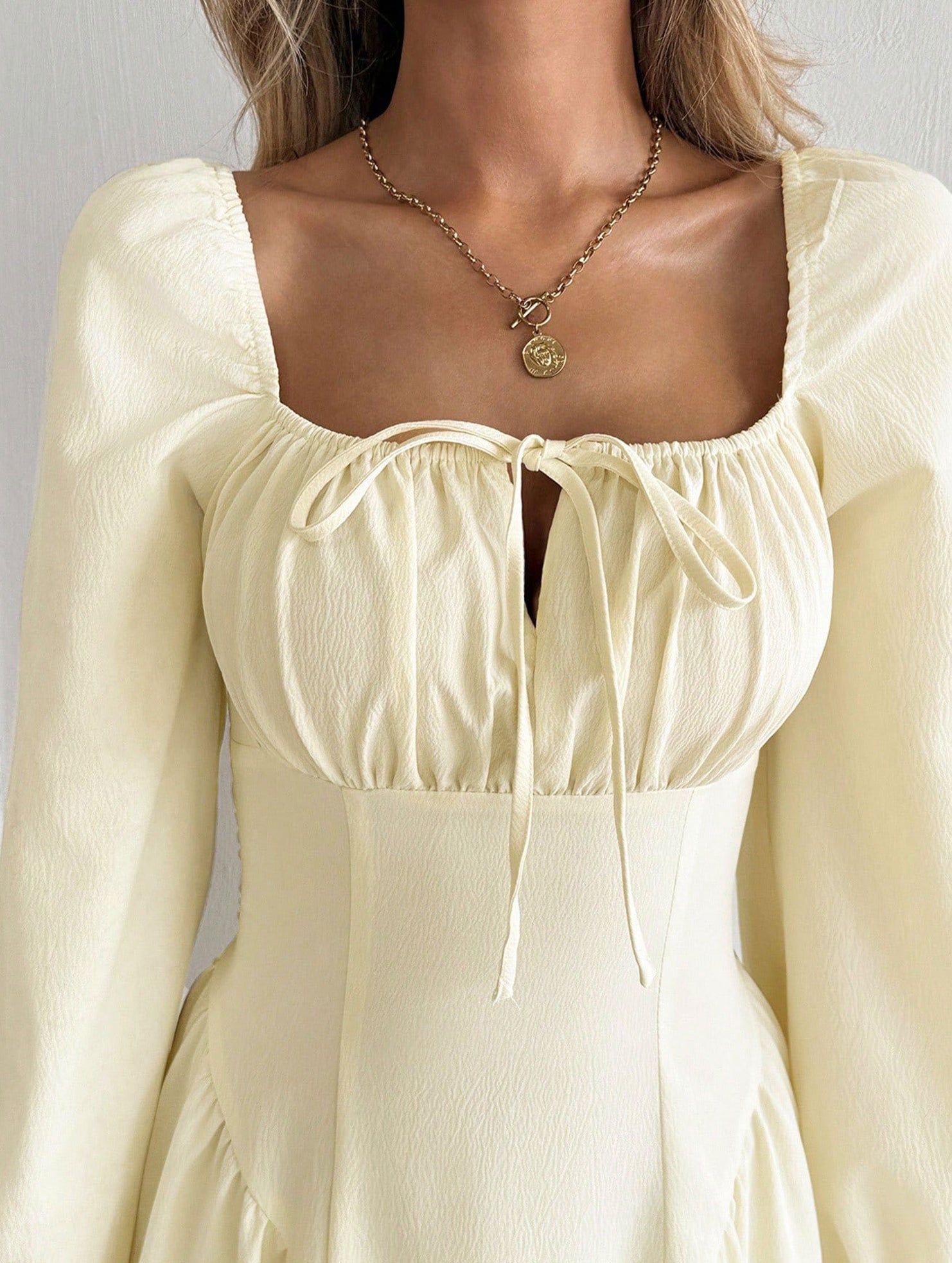 Square Neck Tie Waist Long Sleeve Dress_CWDMD02031