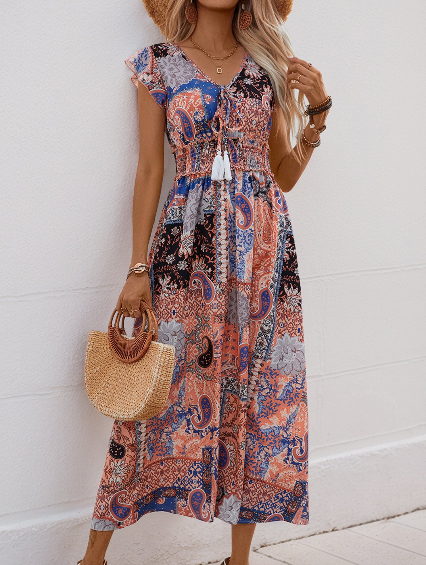 Resort-style midi dress with paisley floral print