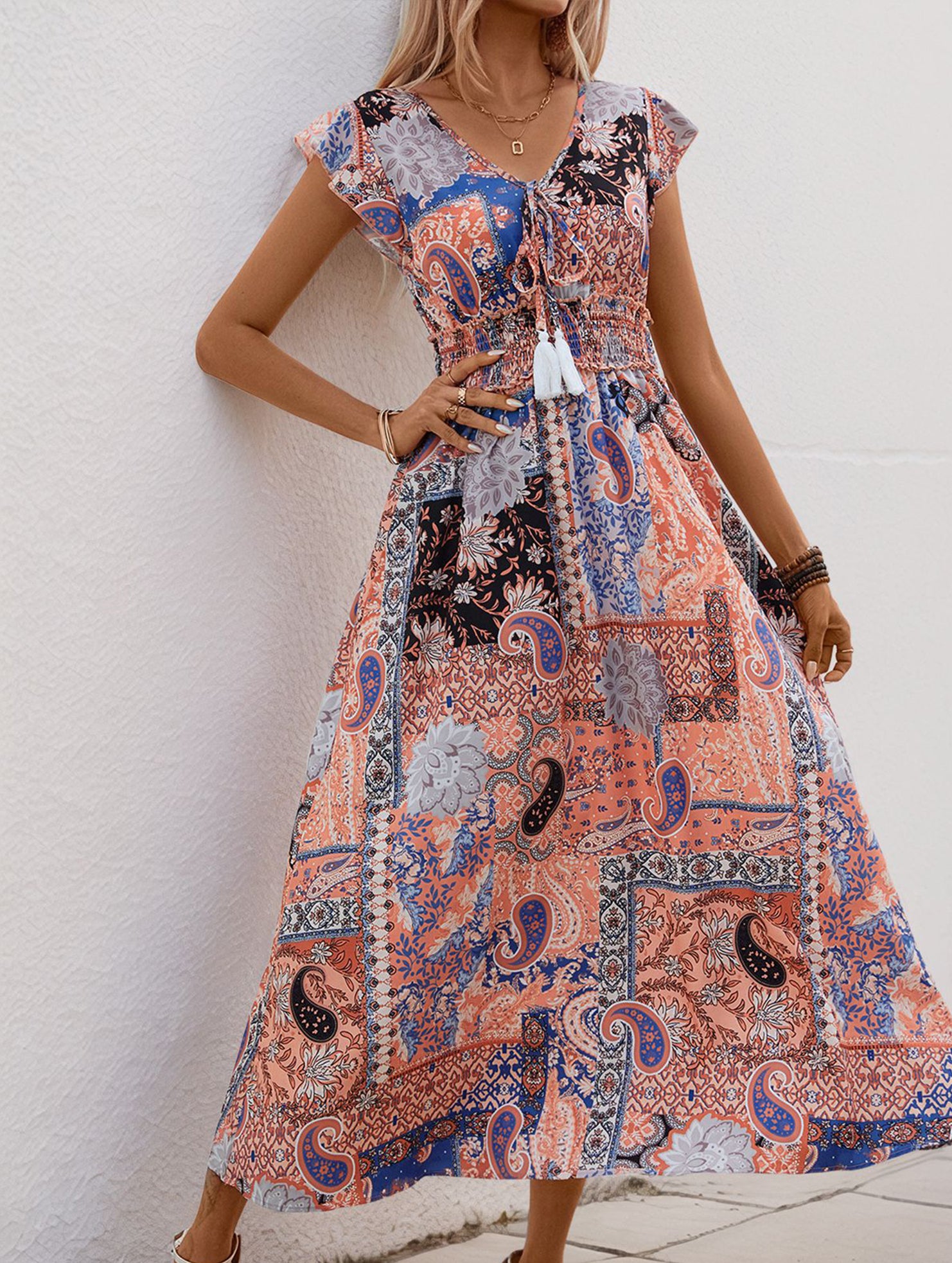 Resort-style midi dress with paisley floral print