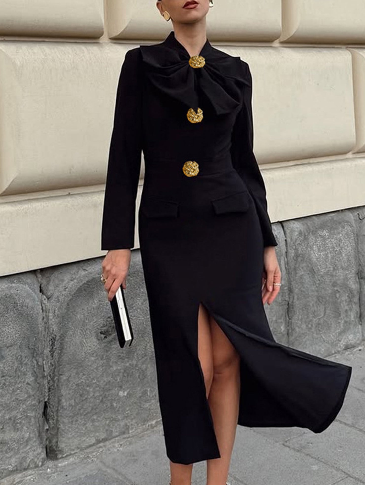 Elegant V-neck bow waist-cinching dress for women_CWDMD02105