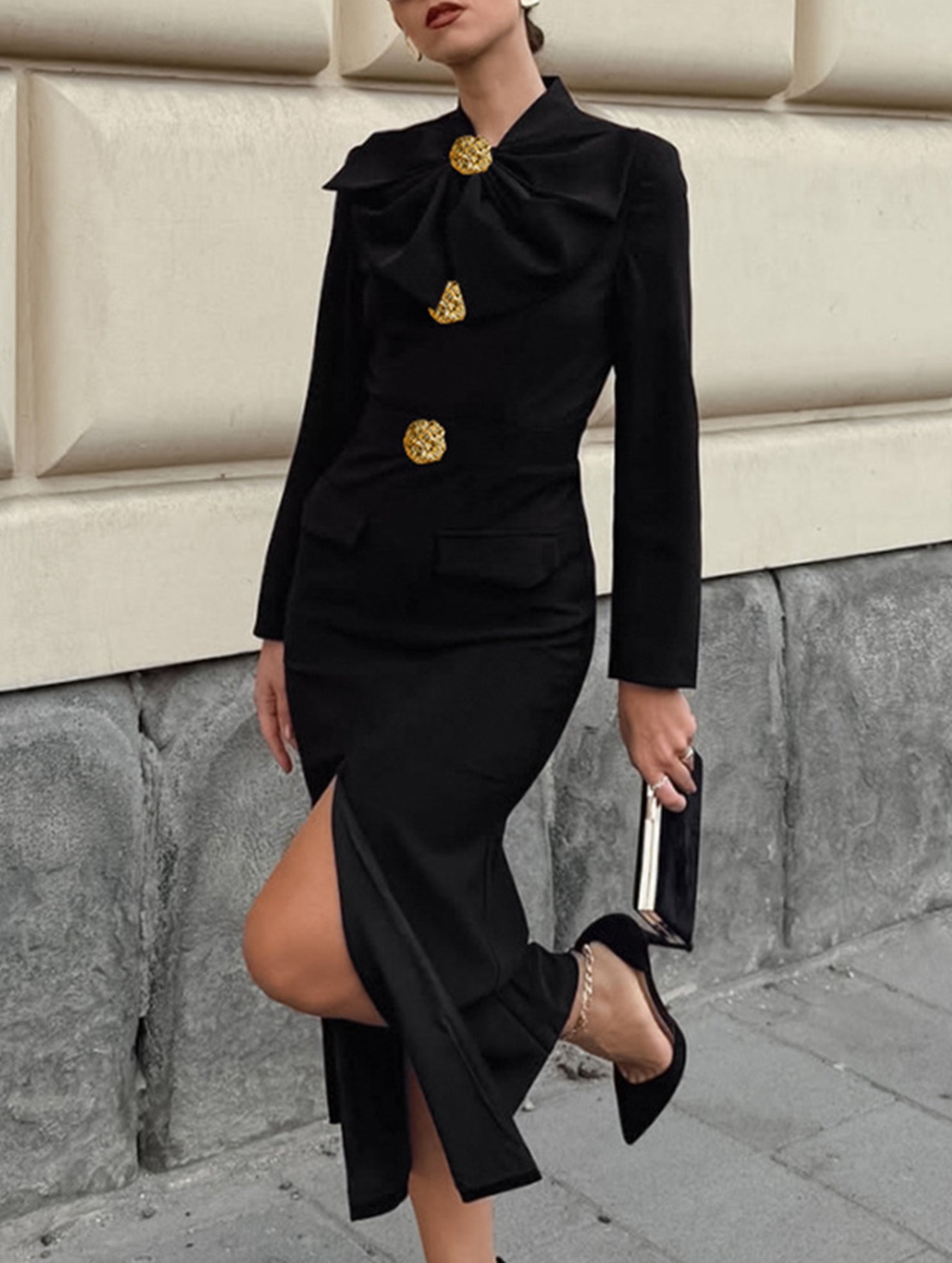 Elegant V-neck bow waist-cinching dress for women_CWDMD02105