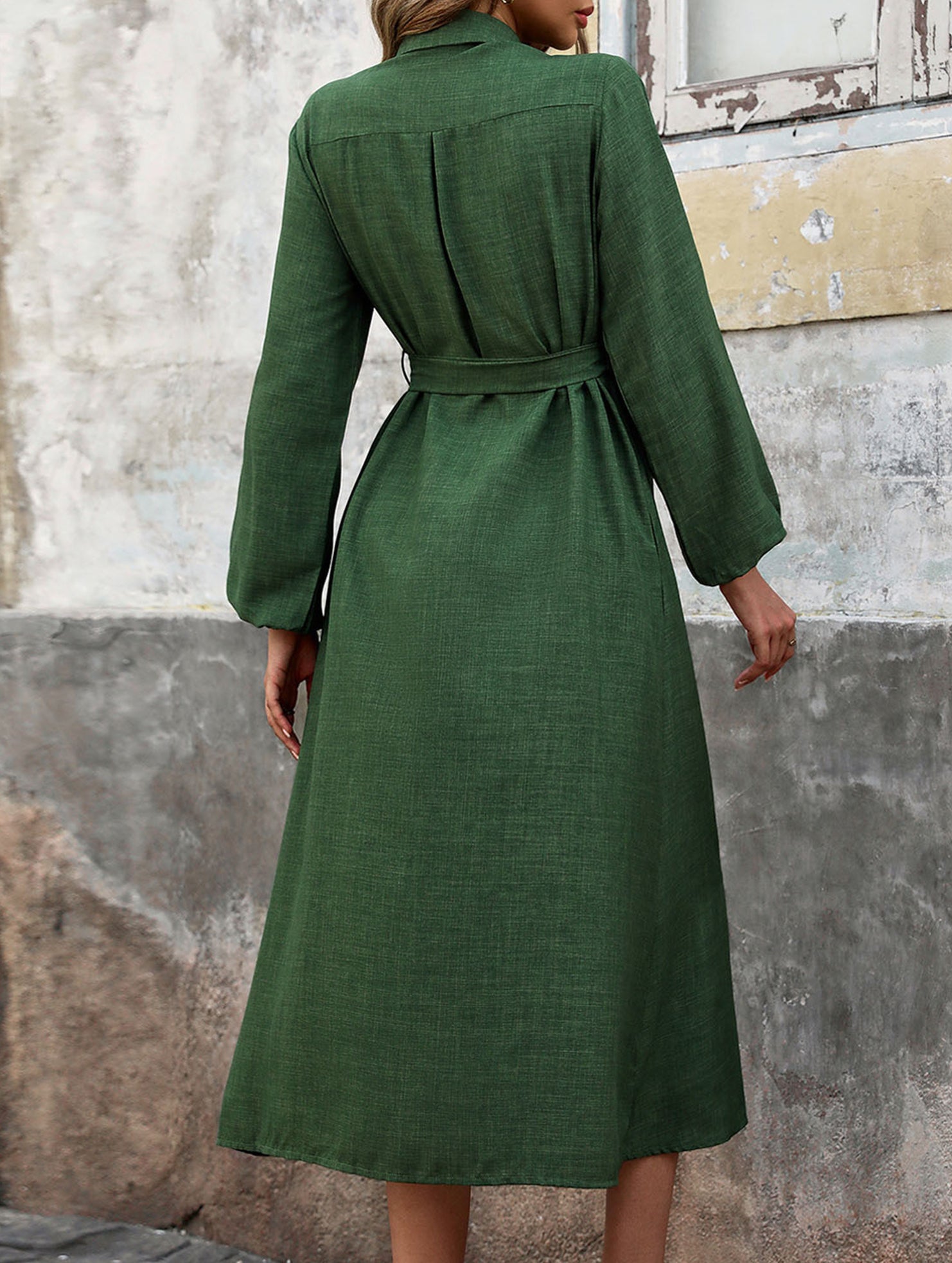 Green Collared Long Sleeve Solid Dress_CWDMD02119