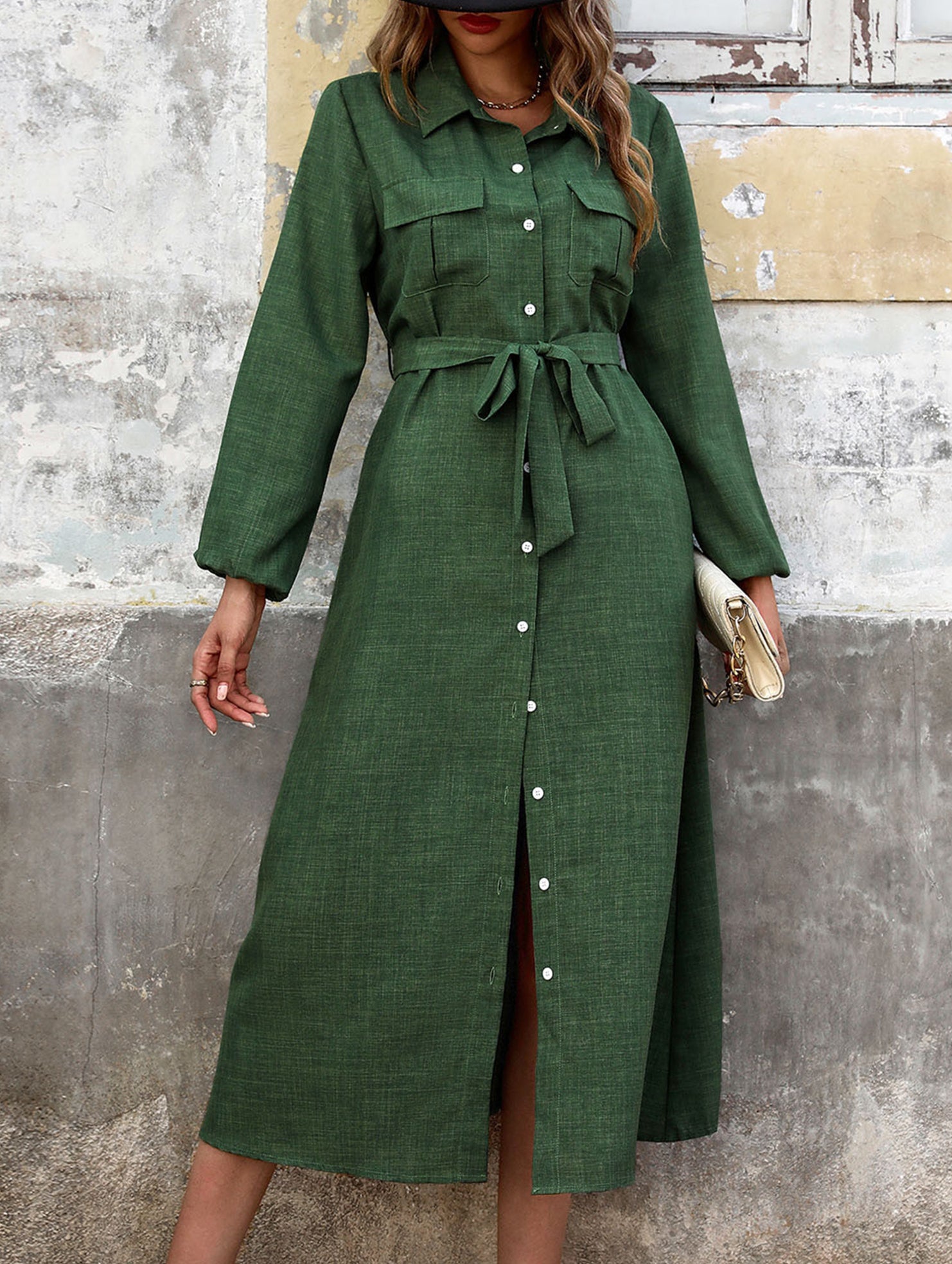 Green Collared Long Sleeve Solid Dress_CWDMD02119