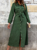 Green Collared Long Sleeve Solid Dress_CWDMD02119
