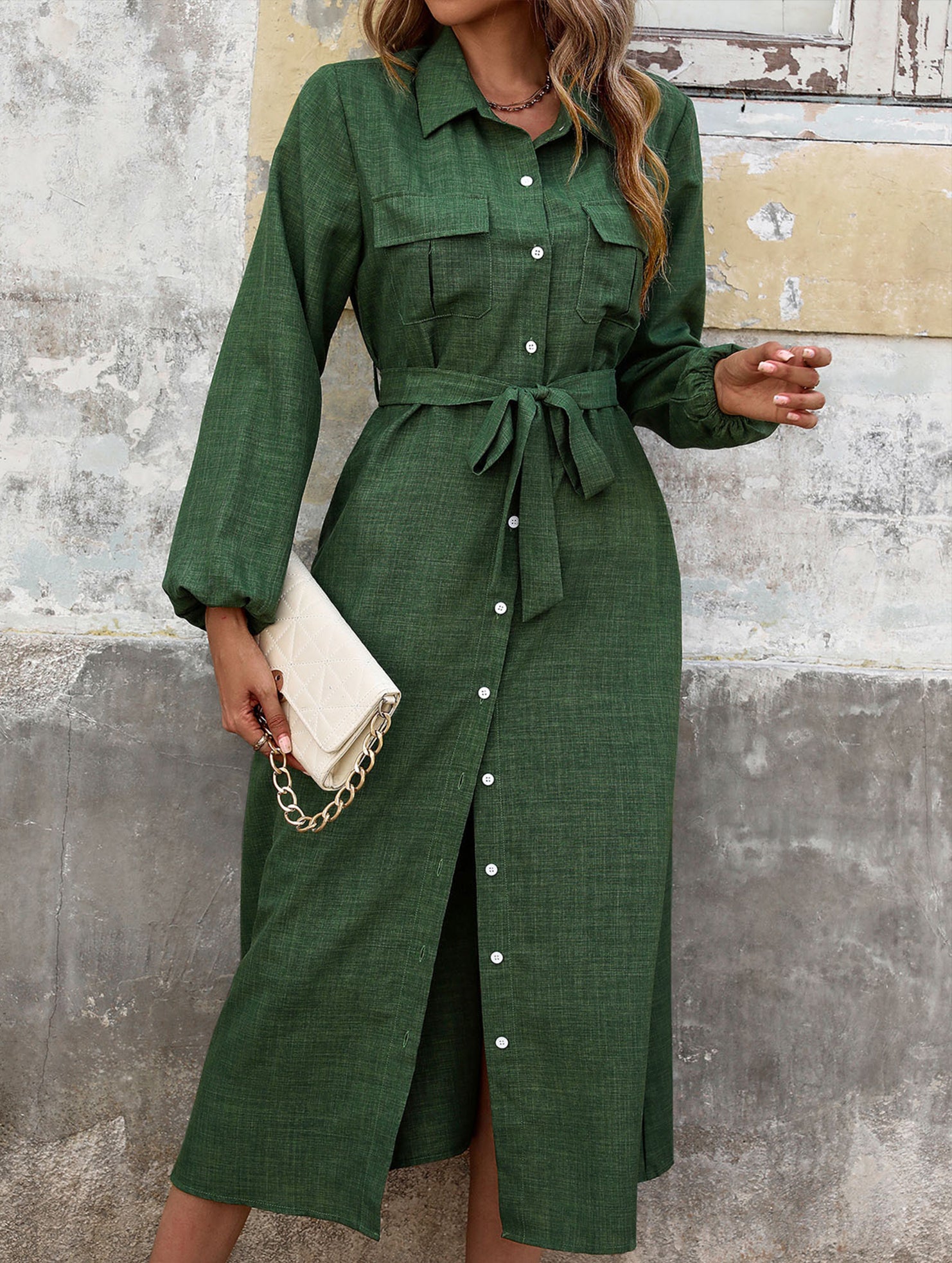 Green Collared Long Sleeve Solid Dress_CWDMD02119