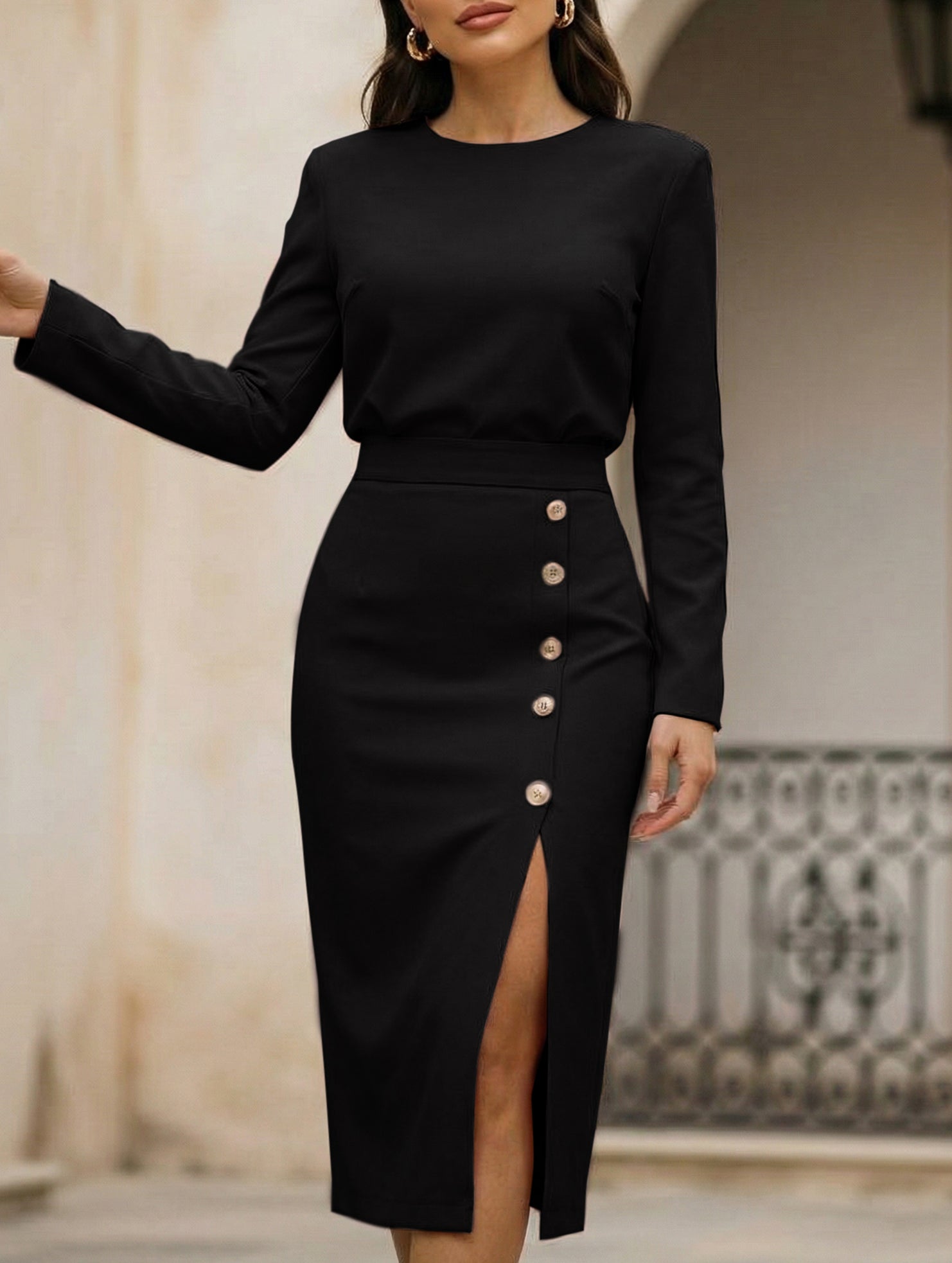 Slim-fit elegant slit commuter dress for women_CWDMD02157