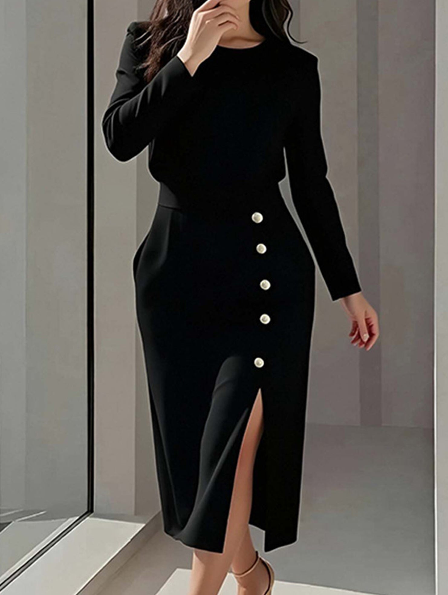 Slim-fit elegant slit commuter dress for women_CWDMD02157