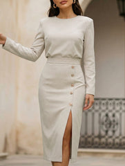 Slim-fit elegant slit commuter dress for women_CWDMD02157