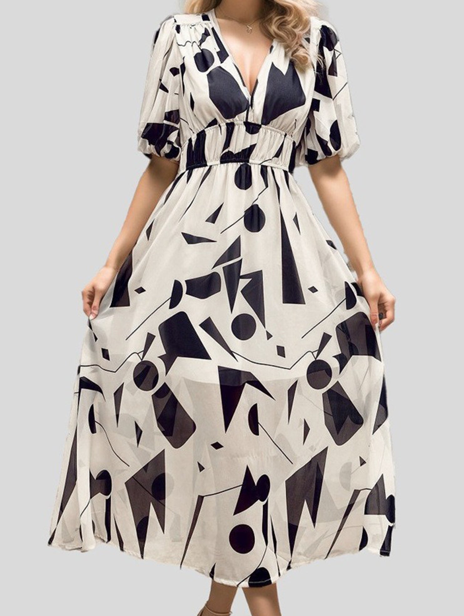 V Neck Waist Fitted Short Sleeve Dress