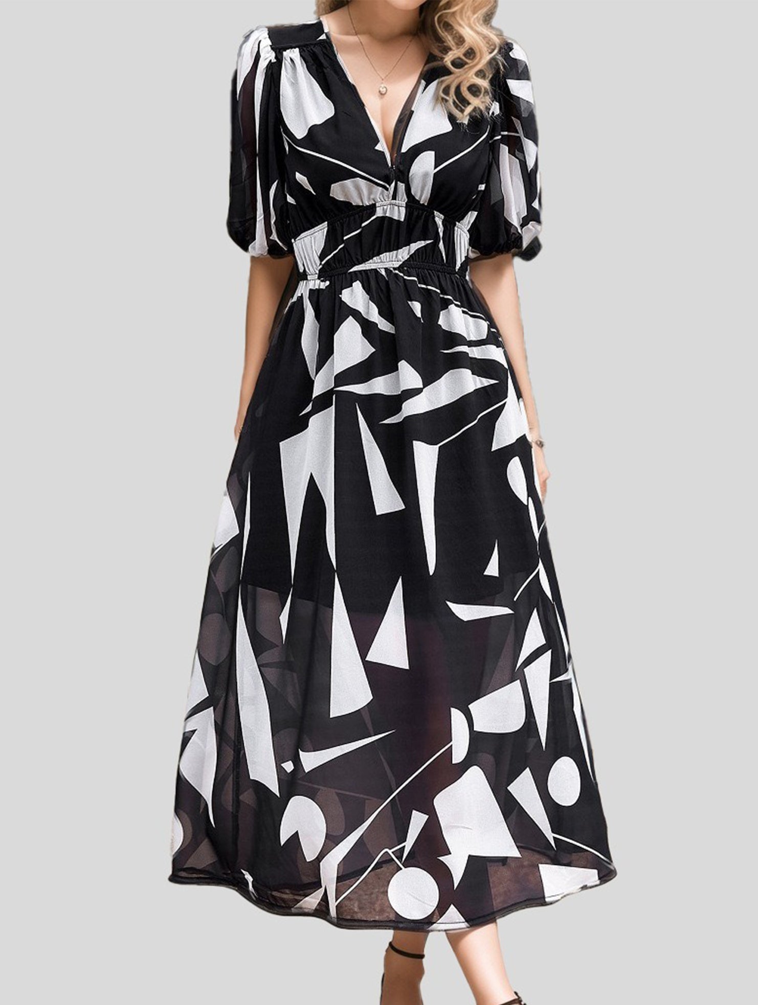 V Neck Waist Fitted Short Sleeve Dress