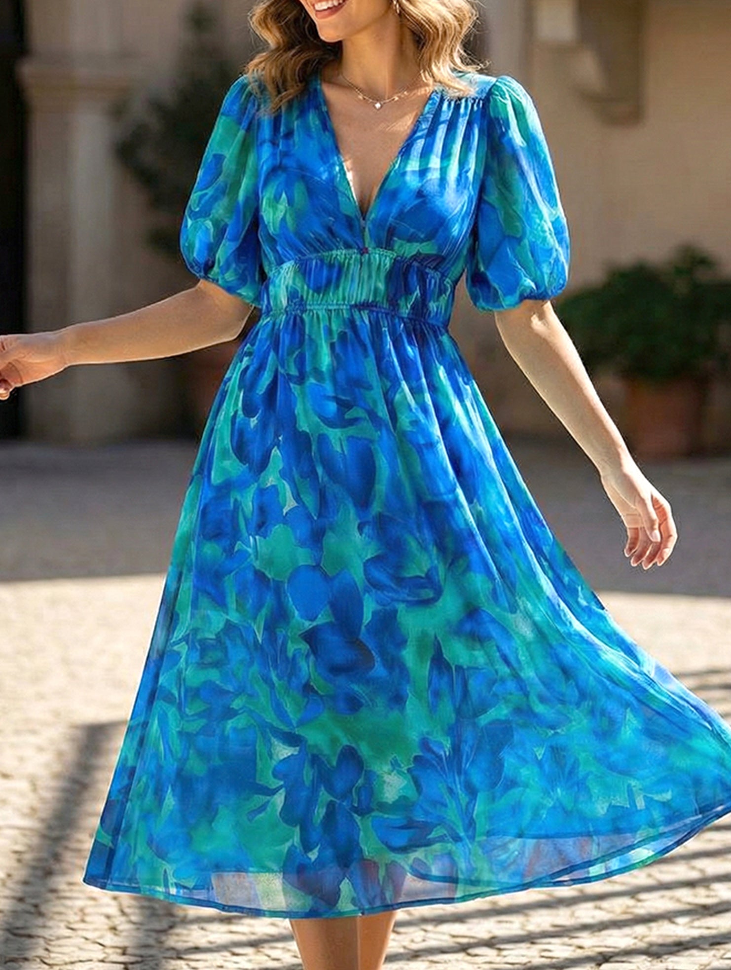 V Neck Waist Fitted Short Sleeve Dress