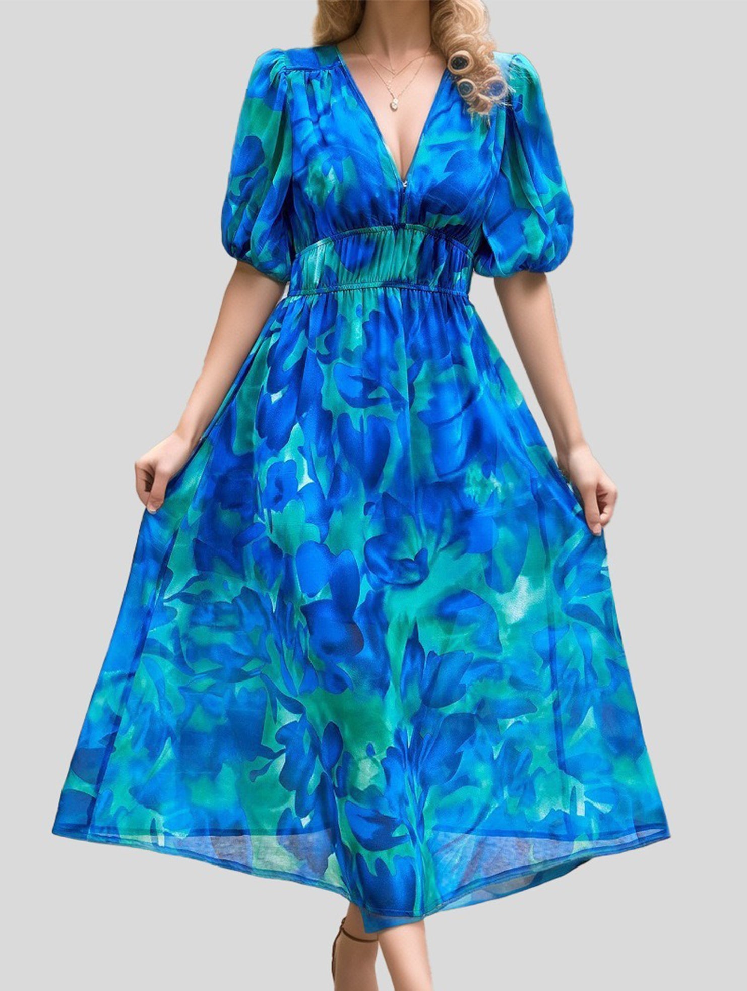 V Neck Waist Fitted Short Sleeve Dress