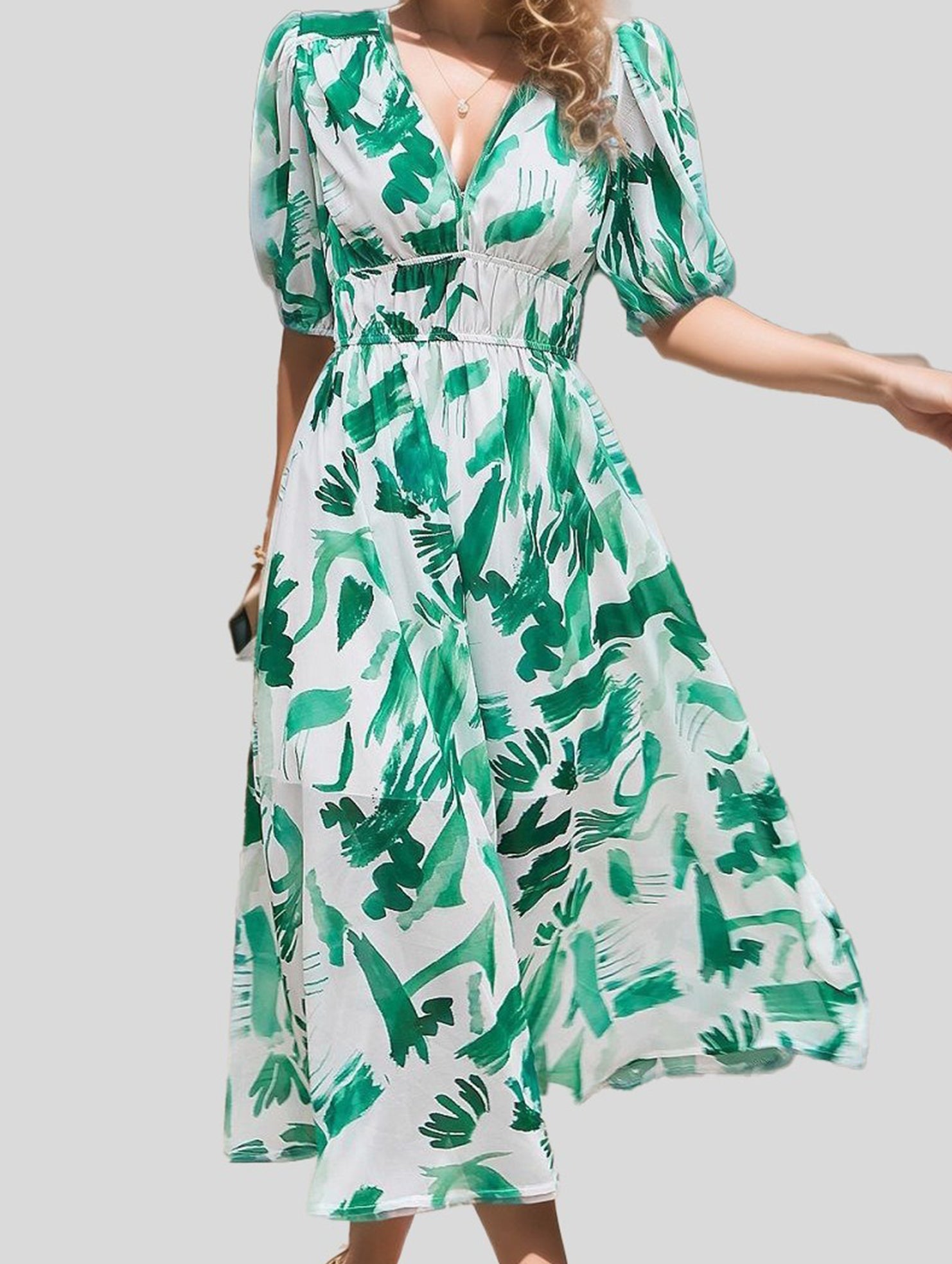 V Neck Waist Fitted Short Sleeve Dress