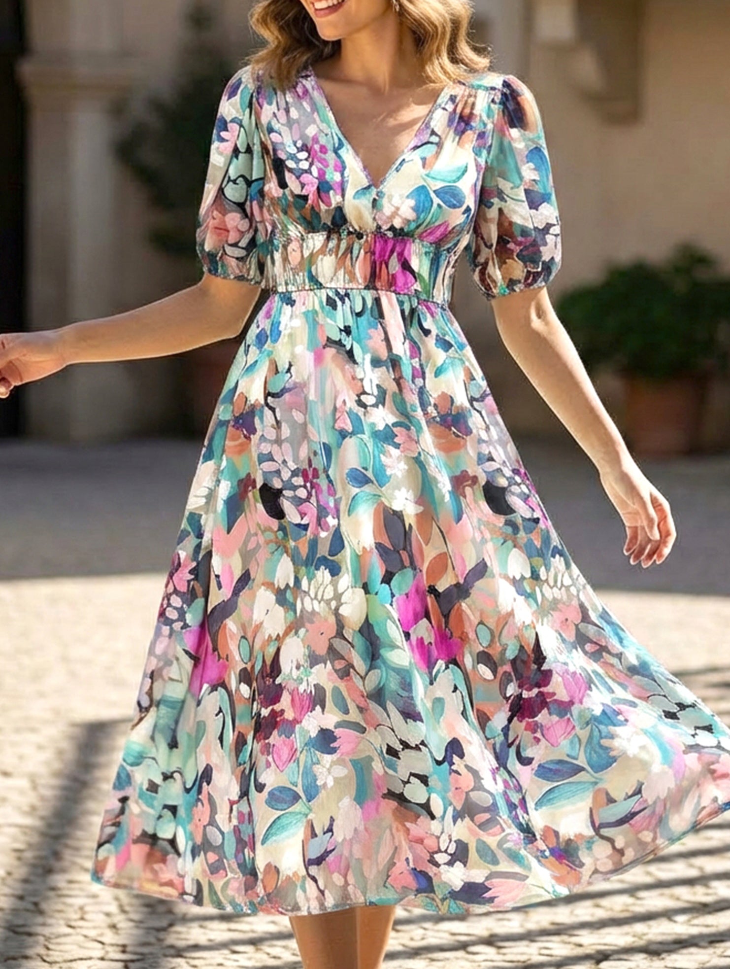 V Neck Waist Fitted Short Sleeve Dress