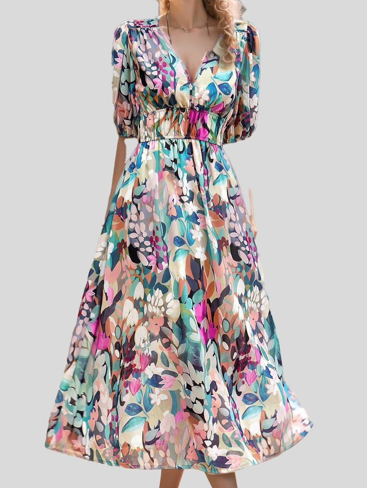 V Neck Waist Fitted Short Sleeve Dress